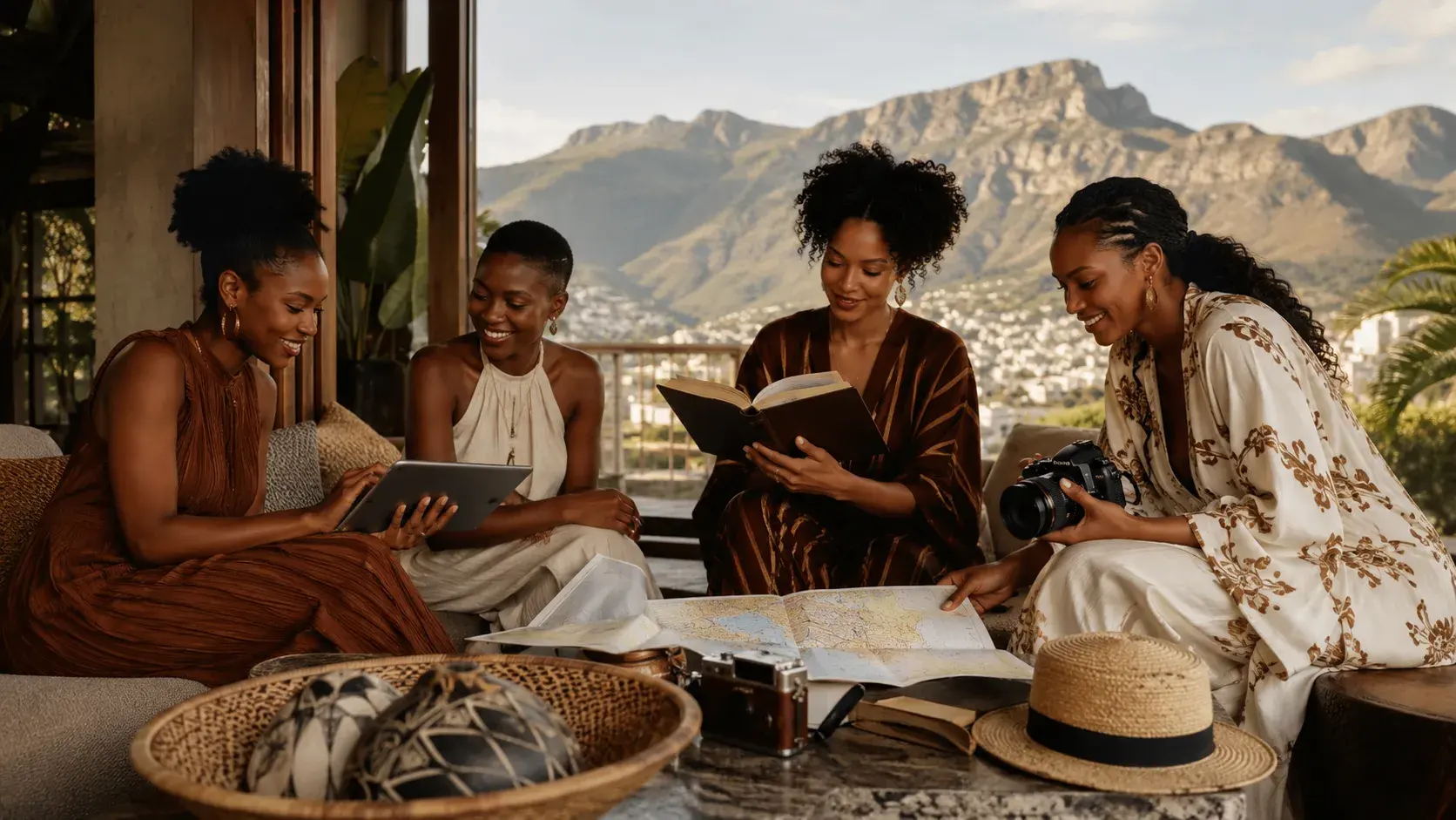 Four women looking over a map and photos on a terrace overlooking a mountain range