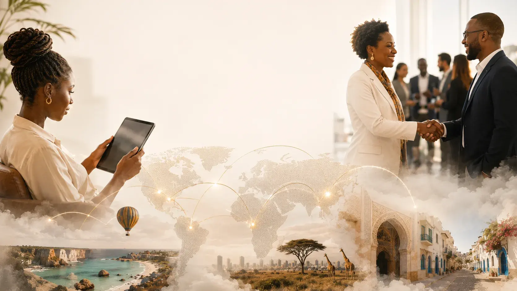 A businesswoman video-calling on a tablet and two partners shaking hands, with African cities, coastline and landmarks connected across a world map