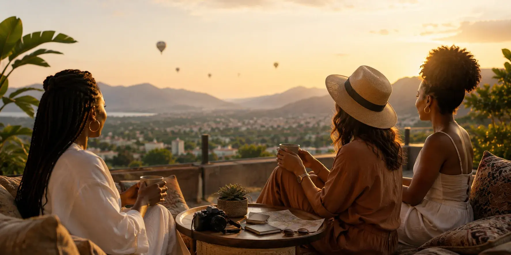 Three women relaxing on a terrace at sunset, watching hot air balloons drift over a mountain valley