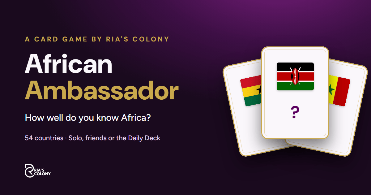 African Ambassador: three playing cards showing the flags of Ghana, Kenya and Senegal