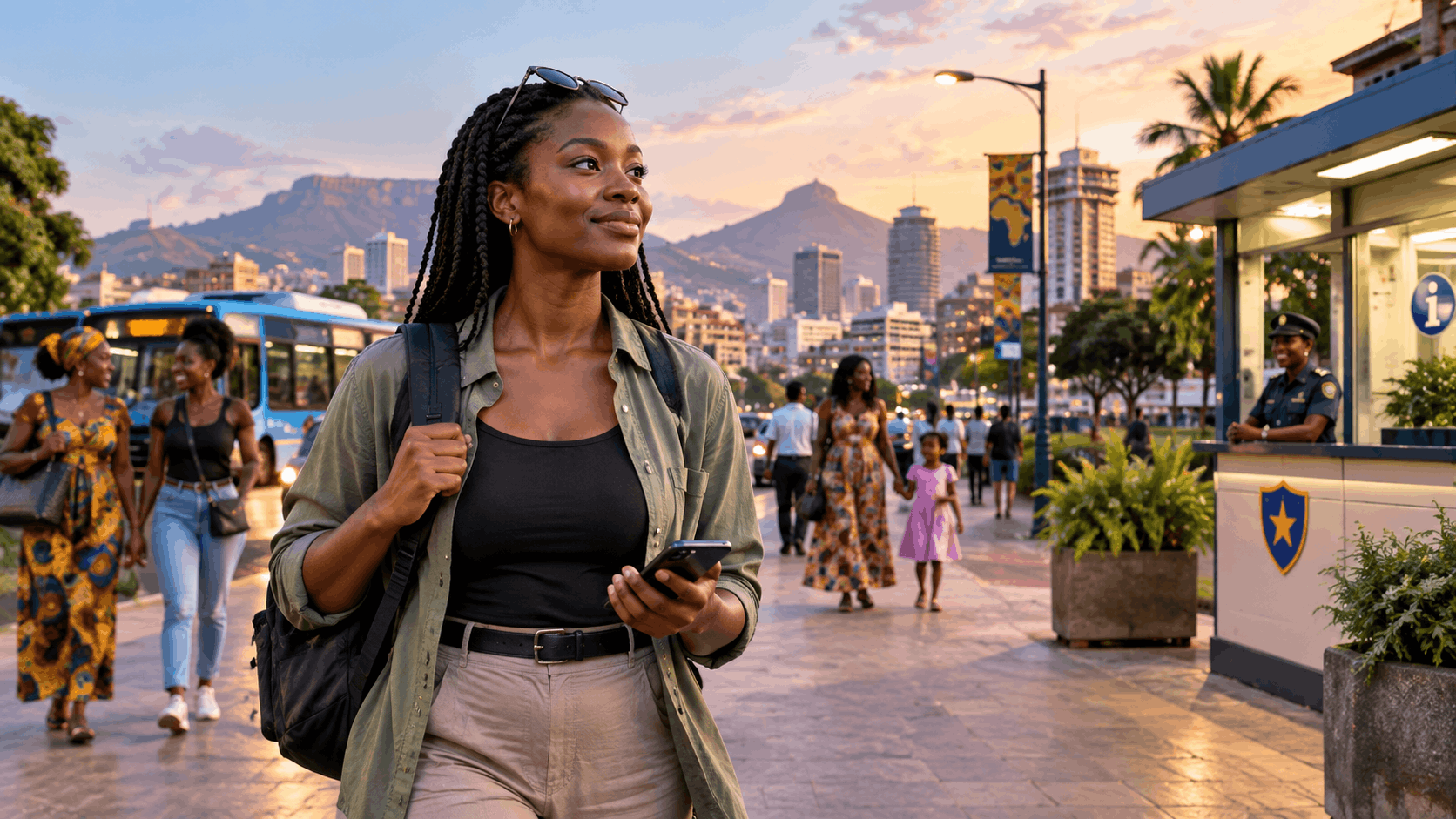 A woman traveller walks a city promenade at sunset, phone in hand, past a friendly information kiosk