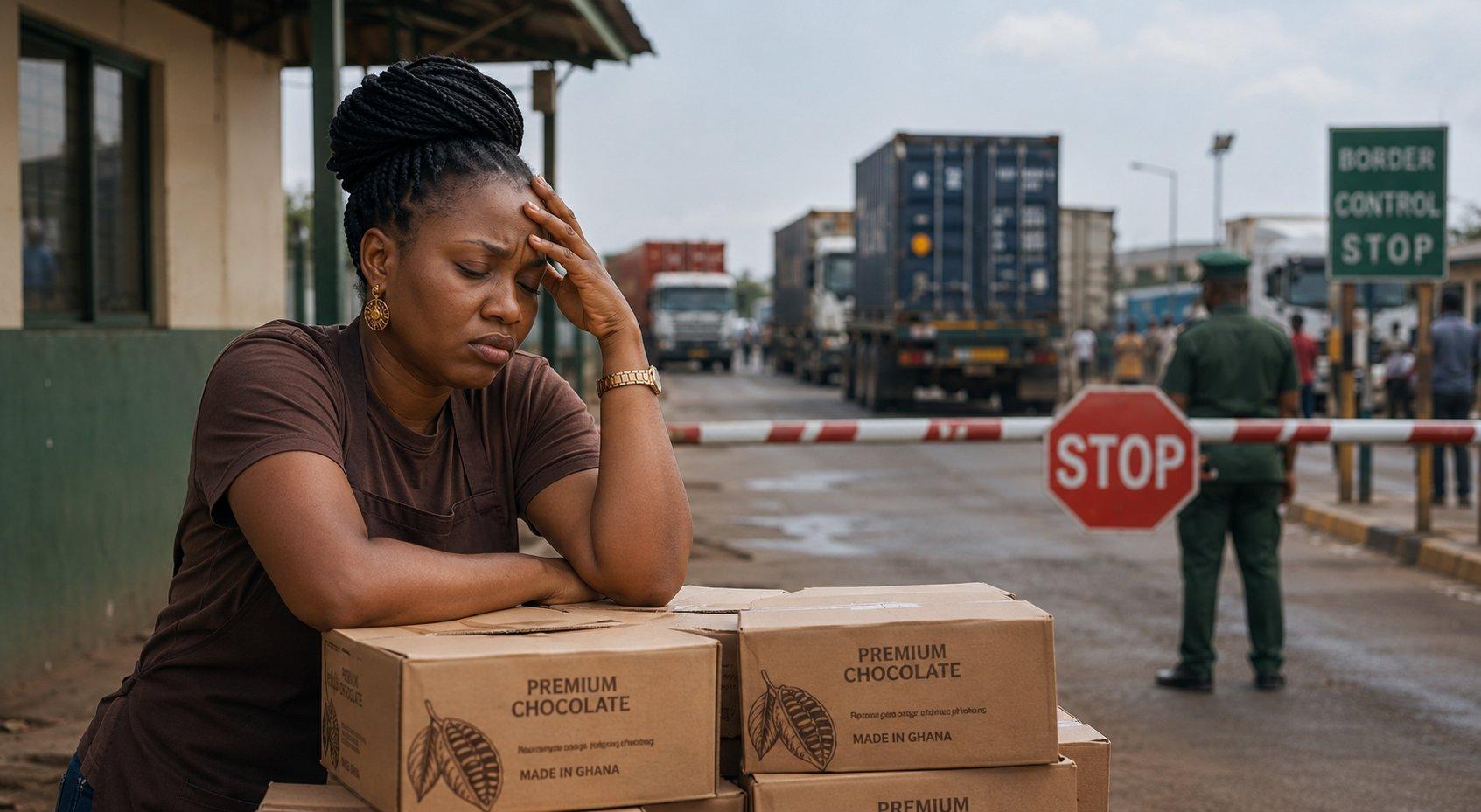 An African woman entrepreneur sits beside boxes of chocolate at a busy border crossing, looking frustrated as cargo trucks wait behind a customs checkpoint, symbolizing the trade barriers African businesses face despite growing regional market opportunities.