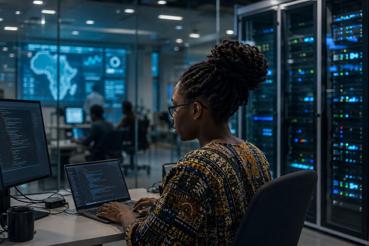 A photorealistic image of an African woman working in a modern AI research and data centre, surrounded by servers, code-filled monitors, and digital infrastructure, symbolizing Africa's ambition to build artificial intelligence, local innovation, and technological leadership rather than simply consume AI.