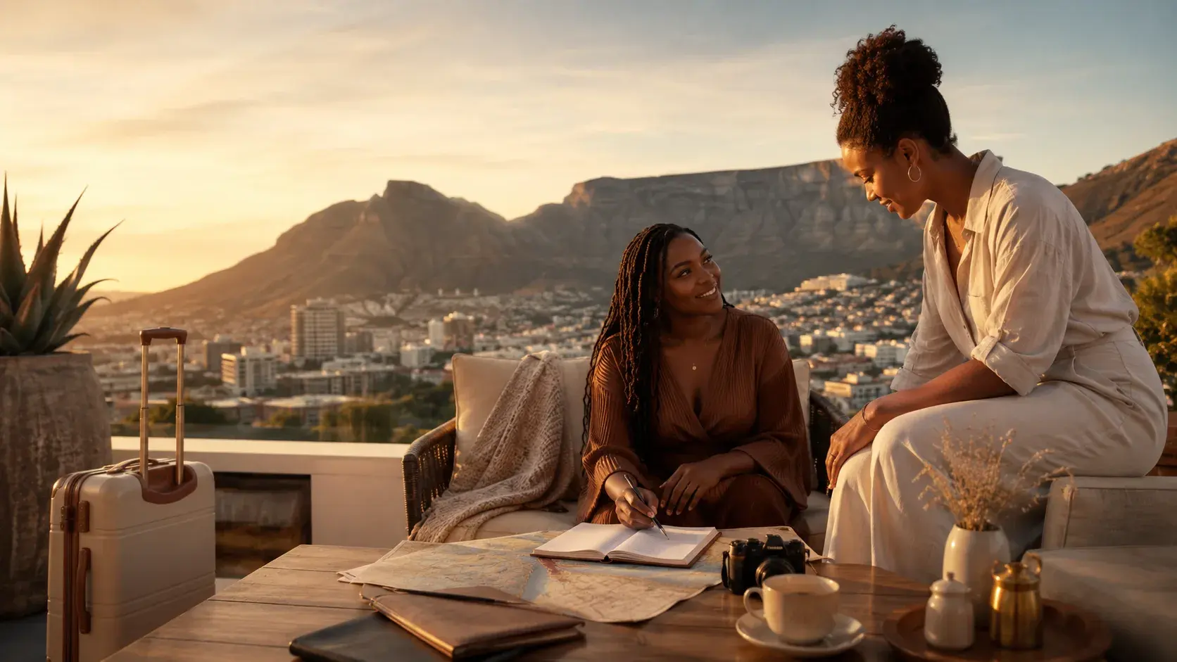 Two women talking and journaling on a terrace at sunset, overlooking a mountain and city skyline