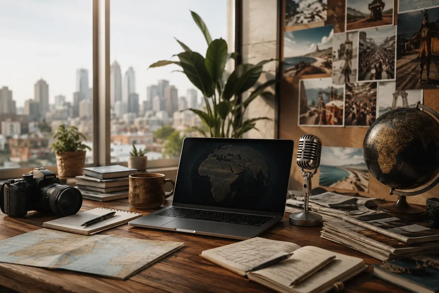A writer's desk with a laptop, camera, microphone, notebooks and travel photos, overlooking a city skyline
