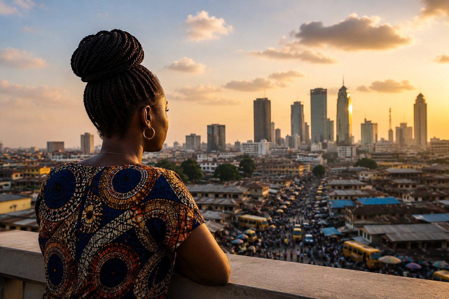 A young African woman overlooks a bustling city at sunset, symbolizing the promise of Africa's youthful population and the economic opportunities created through jobs, industry and urban growth.