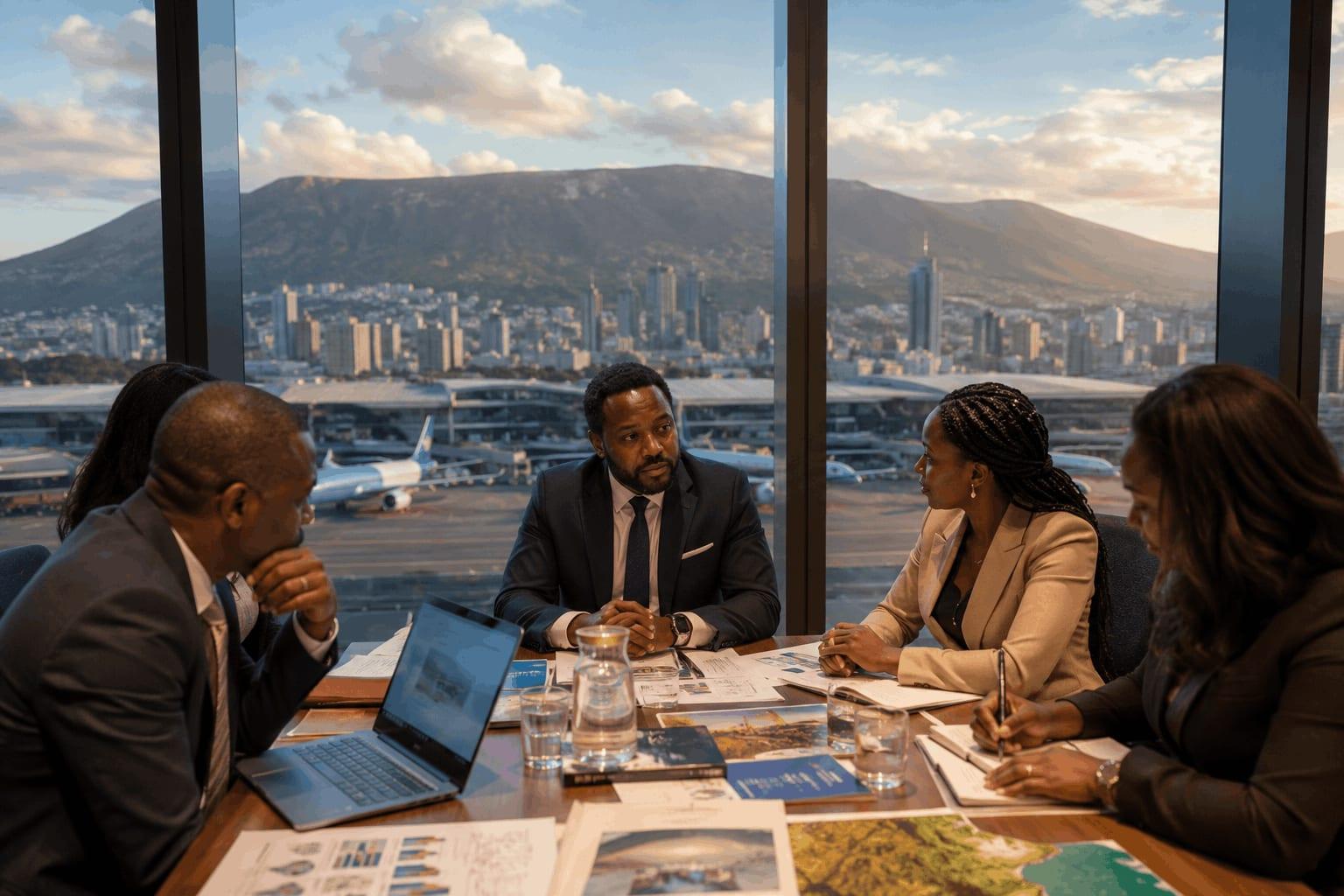 A photorealistic image of African tourism leaders and business executives gathered around a conference table during a high-level strategy meeting. Maps, travel brochures, reports, and laptops are spread across the table as they discuss tourism development, investment, and partnerships. Large floor-to-ceiling windows overlook a modern city skyline, an international airport, and distant mountains, symbolizing connectivity, infrastructure, and economic growth. The scene conveys the policy and decision-making behind how African destinations are built, promoted, and positioned for global tourism, with no text visible in the image.