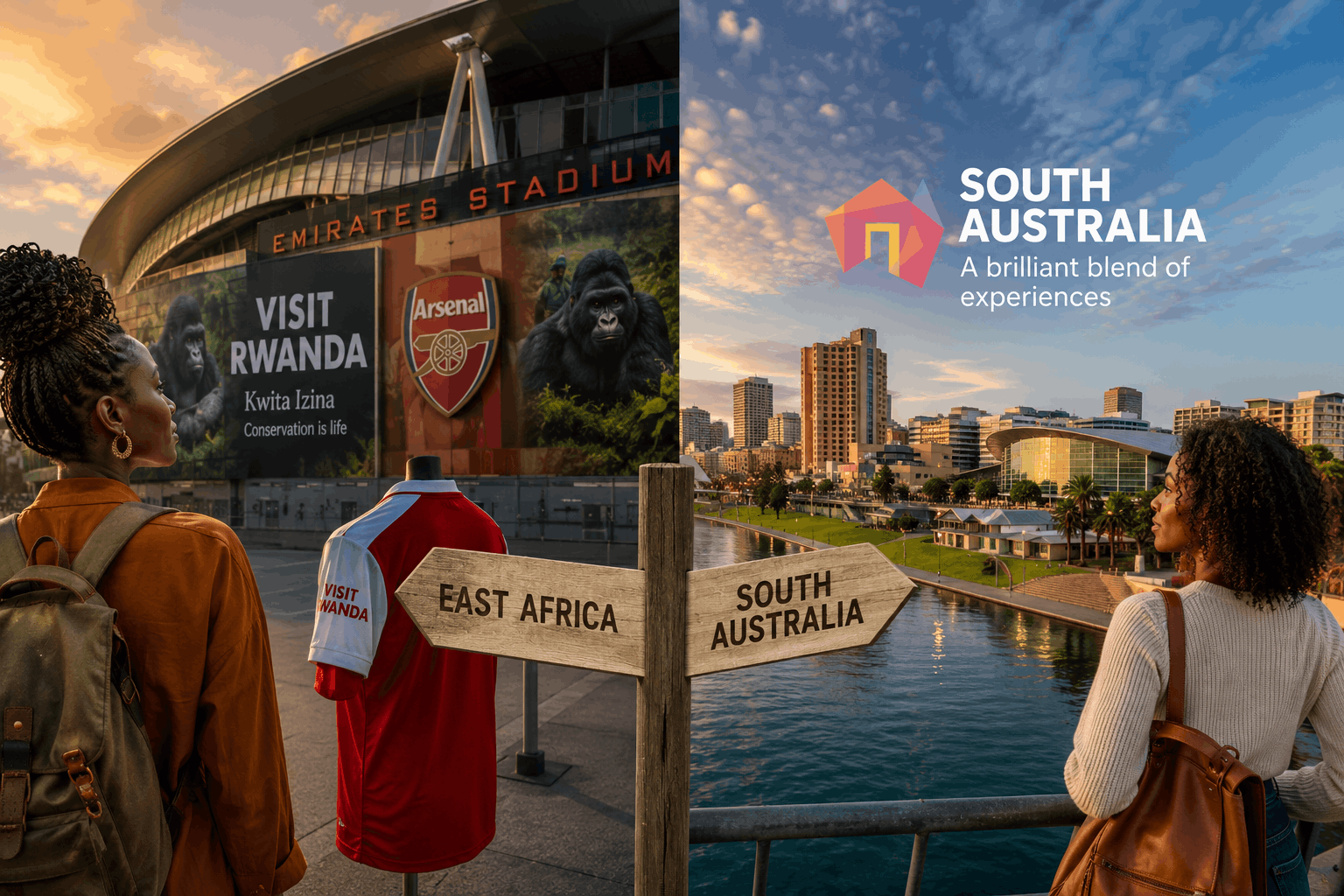 Two Black women travelers stand between Rwanda and South Australia, with an Arsenal-linked Visit Rwanda stadium scene on one side and a South Australian waterfront cityscape on the other, symbolising two tourism boards entering new phases of international marketing.