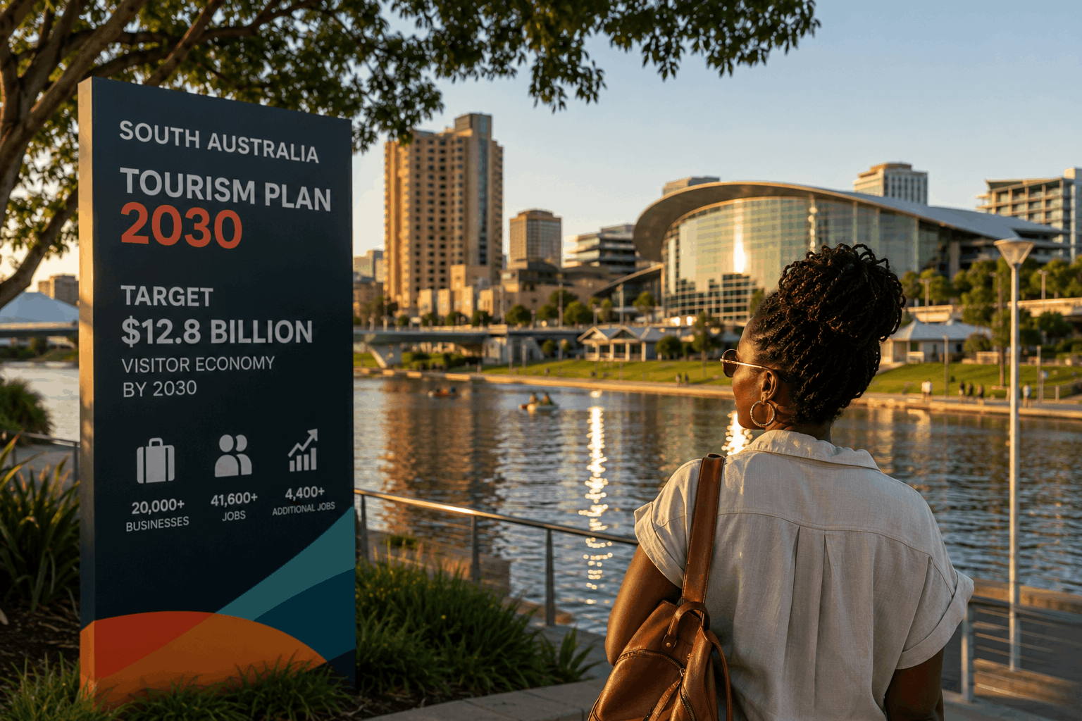 A Black woman looks across Adelaide’s waterfront beside a South Australia Tourism Plan 2030 sign highlighting the state’s $12.8 billion visitor economy target.