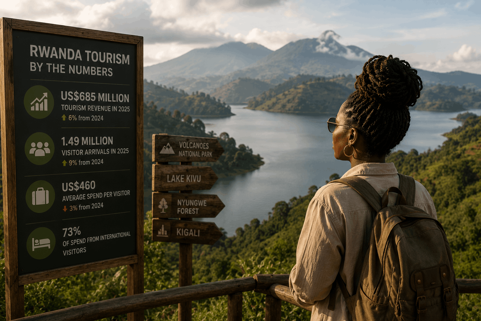 A Black woman traveler overlooks Rwanda’s green hills and lakes beside a tourism statistics board showing 2025 revenue and visitor growth.