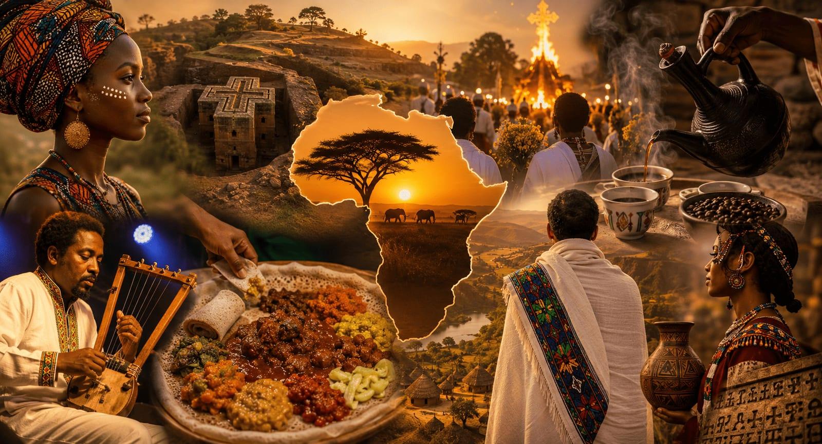 Warm collage celebrating African culture, featuring traditional clothing, Ethiopian coffee, injera, music, festivals, rock-hewn churches, crafts and landscapes surrounding a glowing map of Africa at sunset.