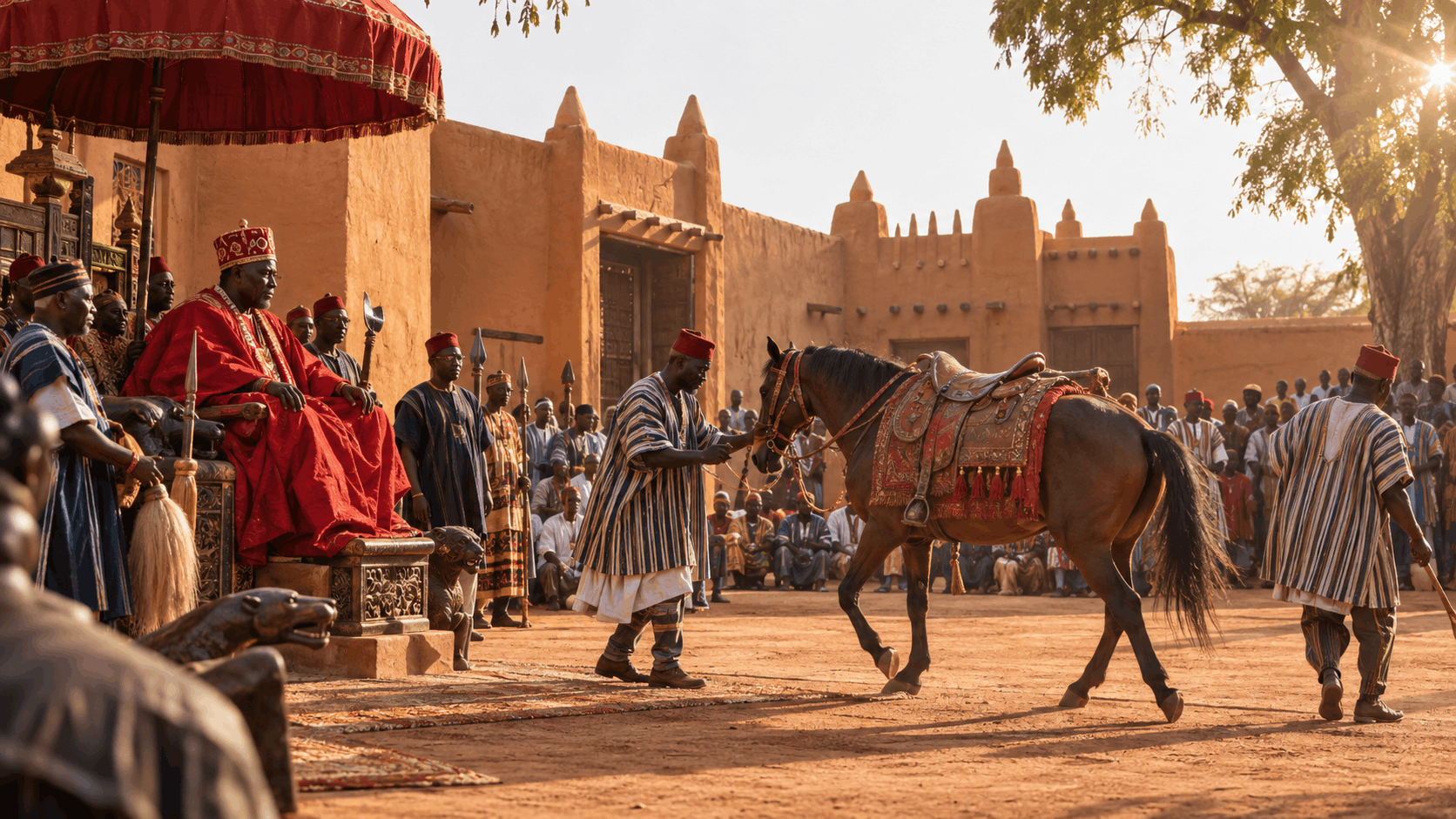 The Moro Naba sits in red ceremonial dress as attendants present a saddled horse during Burkina Faso’s traditional Friday “false departure” ceremony in Ouagadougou.