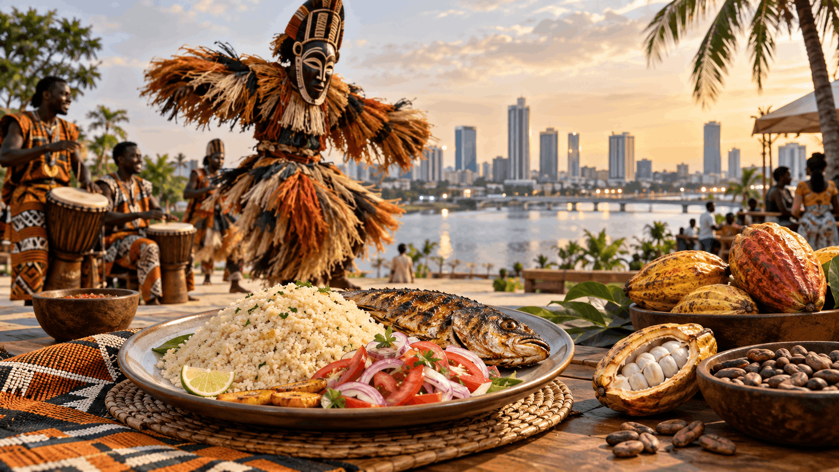 Attiéké with grilled fish, cocoa pods and beans in the foreground, with Ivorian drummers, a masked dancer and the Abidjan skyline beside the lagoon at sunset.