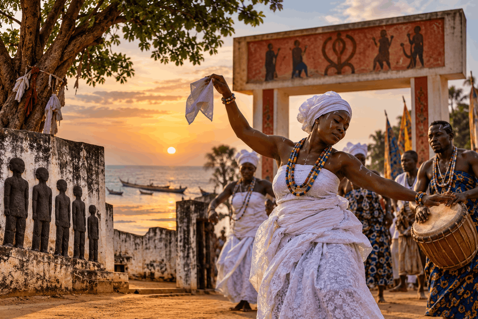 Woman in traditional white clothing dancing during a Vodun ceremony in Ouidah, Benin, with drummers, worshippers, coastal scenery and the Door of No Return in the background.