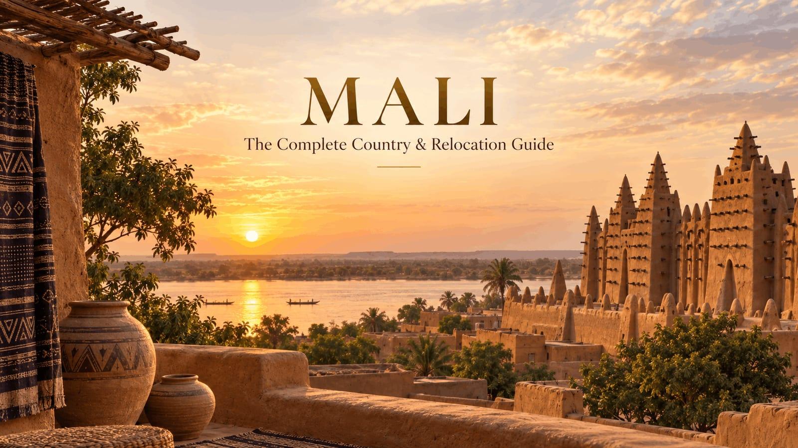 Sunset over the mud-brick towers of the Great Mosque of Djenné and the Niger River in Mali, with the "Mali: The Complete Country & Relocation Guide" title overlaid.
