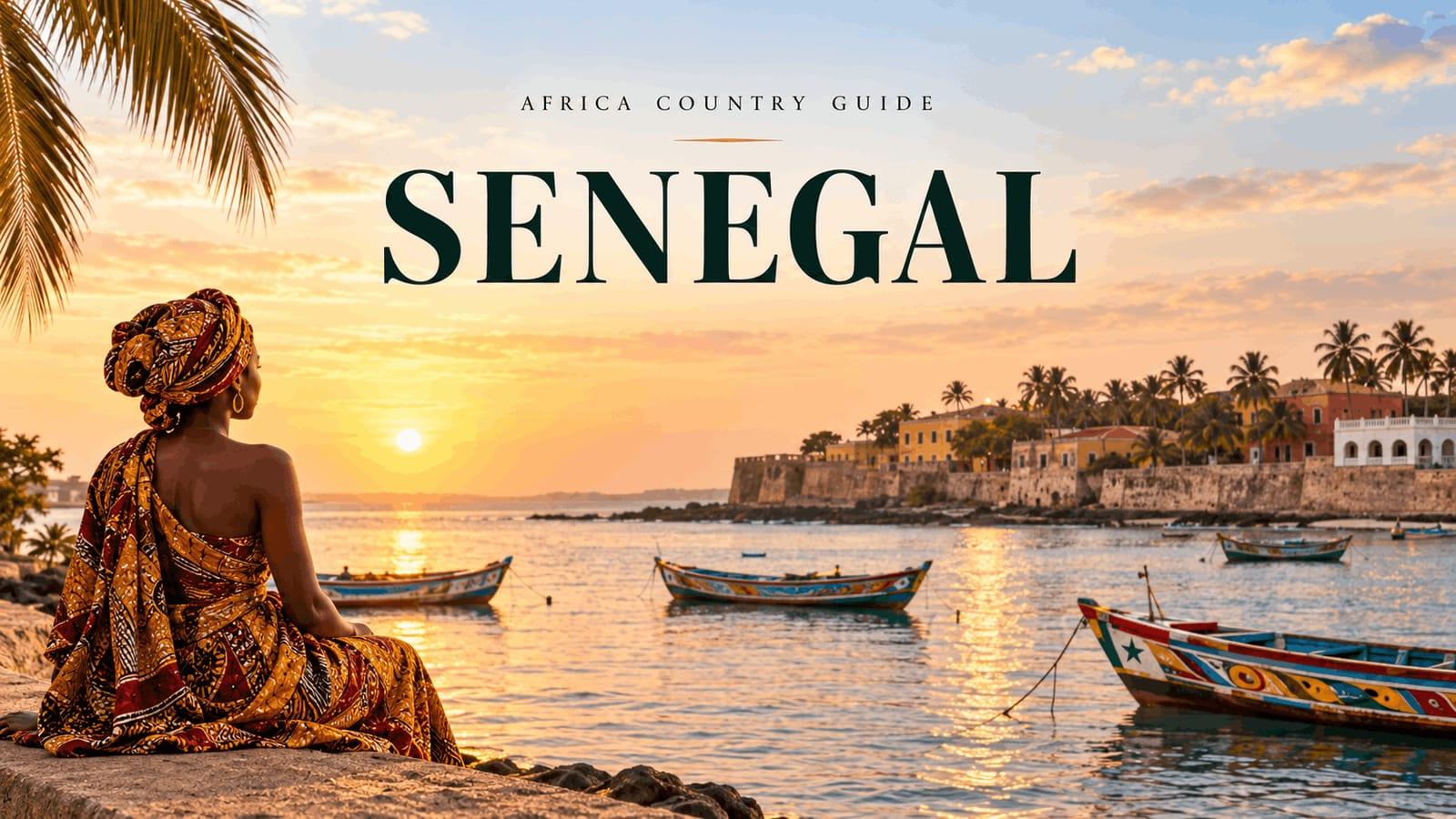 Senegal travel guide featured image showing a woman in traditional clothing by the coast at sunset, with colourful fishing boats, palm trees and Senegalese waterfront buildings in the background.