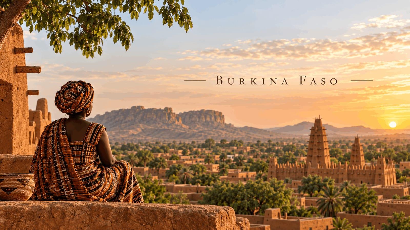 Burkina Faso at sunset, with a woman in traditional clothing overlooking mud-brick buildings, greenery and rocky hills beneath a golden sky.
