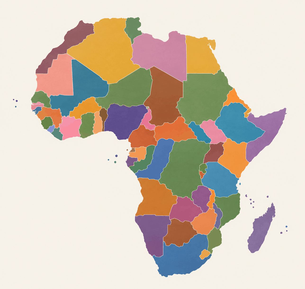Map of Africa showing the continent’s countries in different colors against a cream background.
