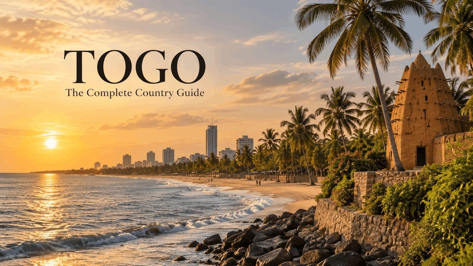 Golden sunset over Togo’s coastline with palm trees, ocean waves, a city skyline and traditional earthen architecture, with the title “Togo: The Complete Country Guide.