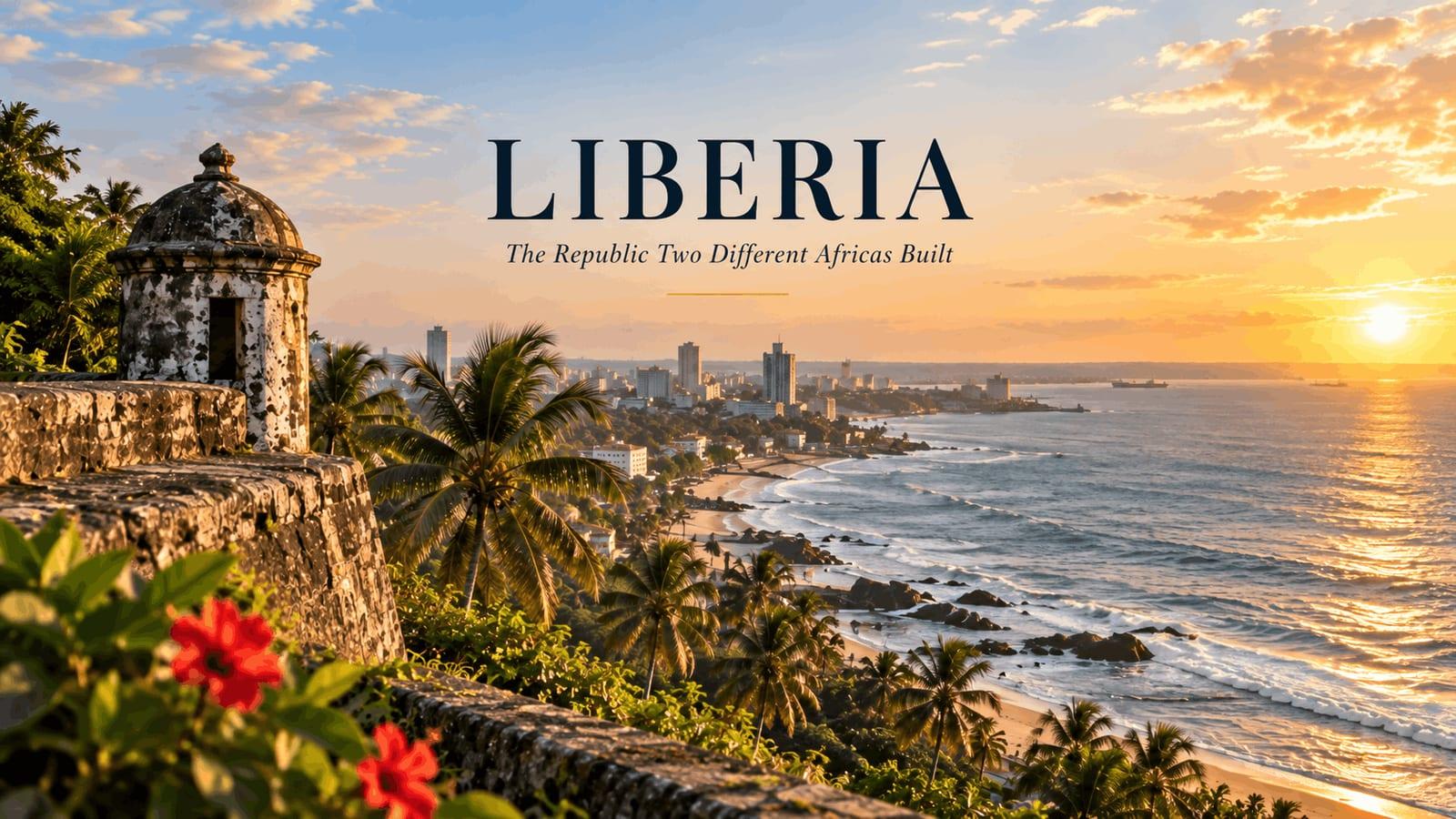Wide sunset view of Liberia’s coast with palm trees, historic stone architecture, ocean waves and the Monrovia skyline, overlaid with the title “Liberia: The Republic Two Different Africas Built.”