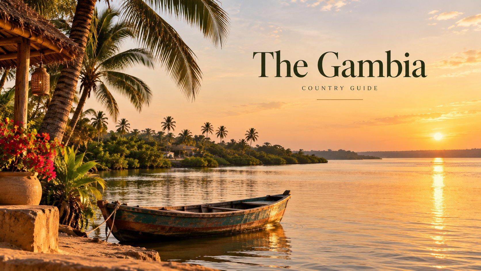 Sunset over the Gambia River with a wooden boat by the shore, palm trees and lush tropical vegetation, with “The Gambia Country Guide” displayed above.