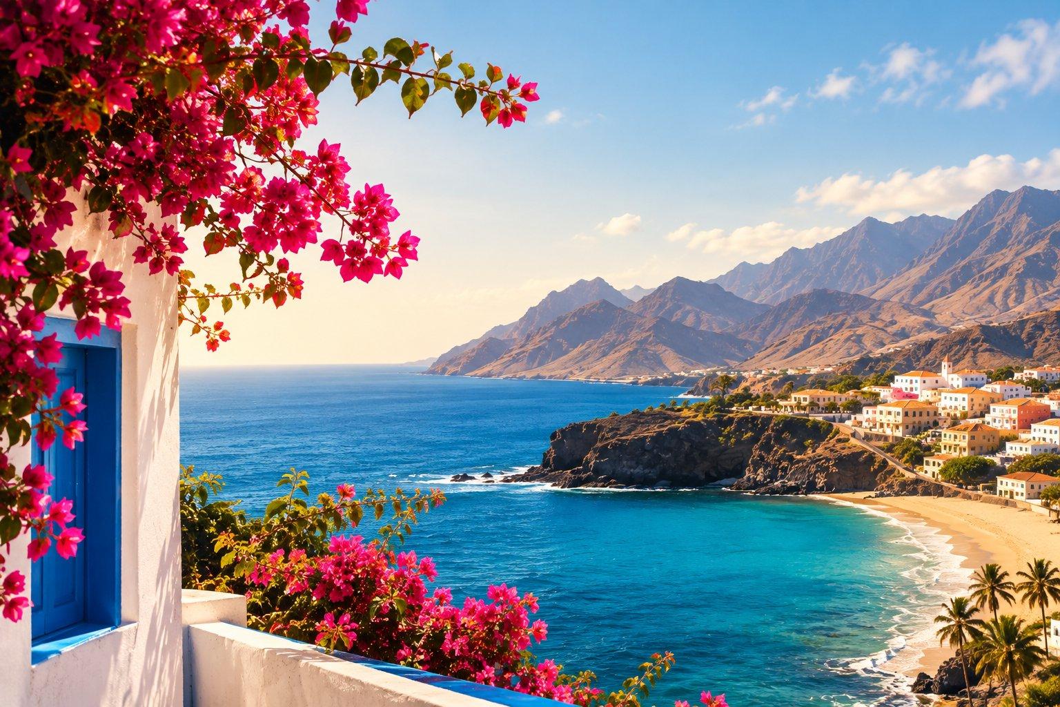 Scenic Cape Verde coastline viewed from a whitewashed terrace with bright pink bougainvillea and a blue doorway, overlooking turquoise water, a sandy beach, a coastal village, and dramatic volcanic mountains.