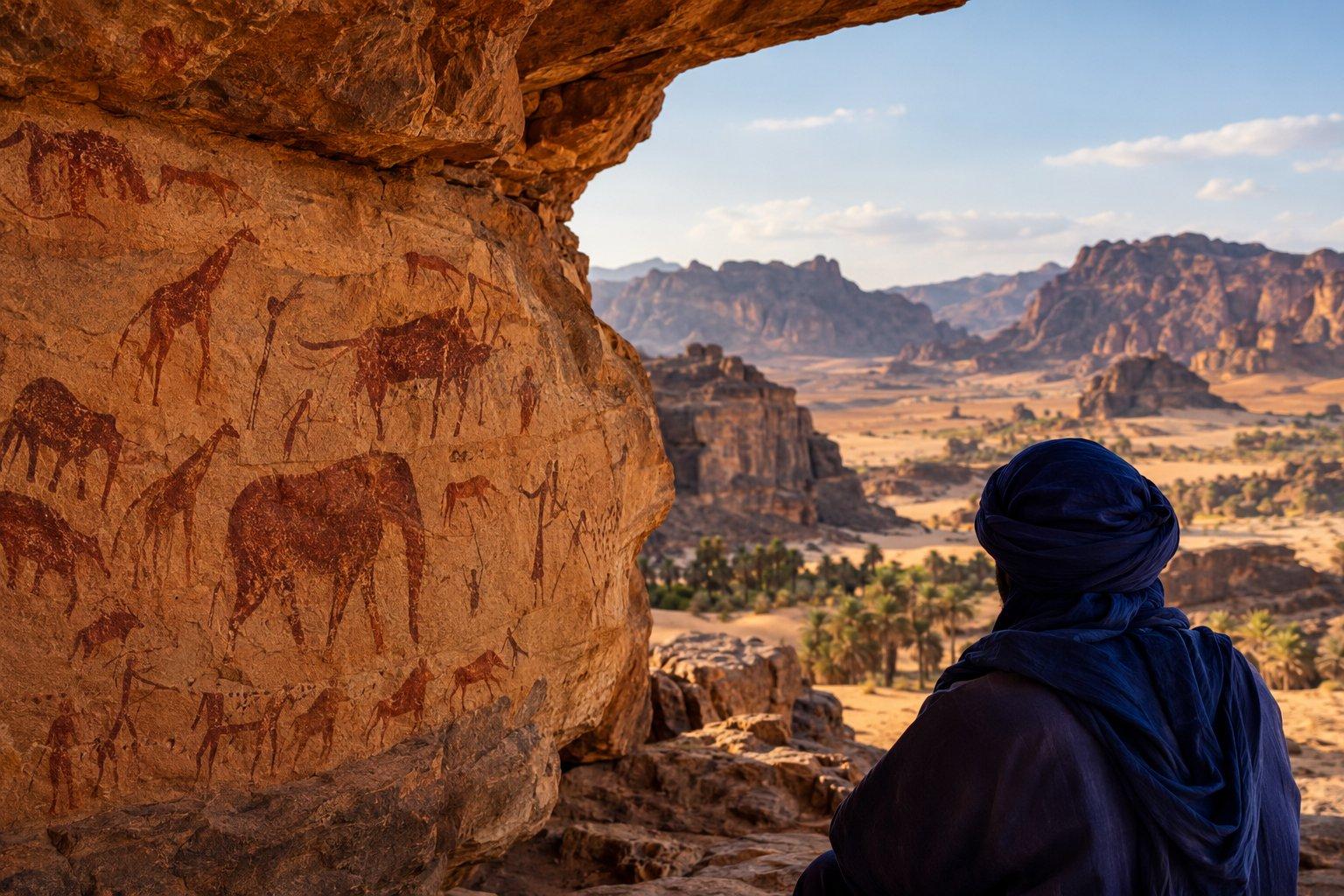 Ancient rock art depicting animals and human figures on a sandstone wall overlooking a rugged desert landscape in Libya, with a person in indigo desert clothing seated in the foreground.