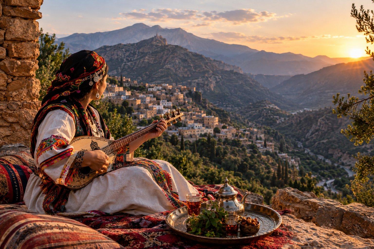 Photorealistic golden-hour scene in Algeria showing a traditionally dressed woman playing a long-necked string instrument above a mountainous valley, surrounded by woven textiles, cushions, and a tea tray, with rugged hills fading into the distance.