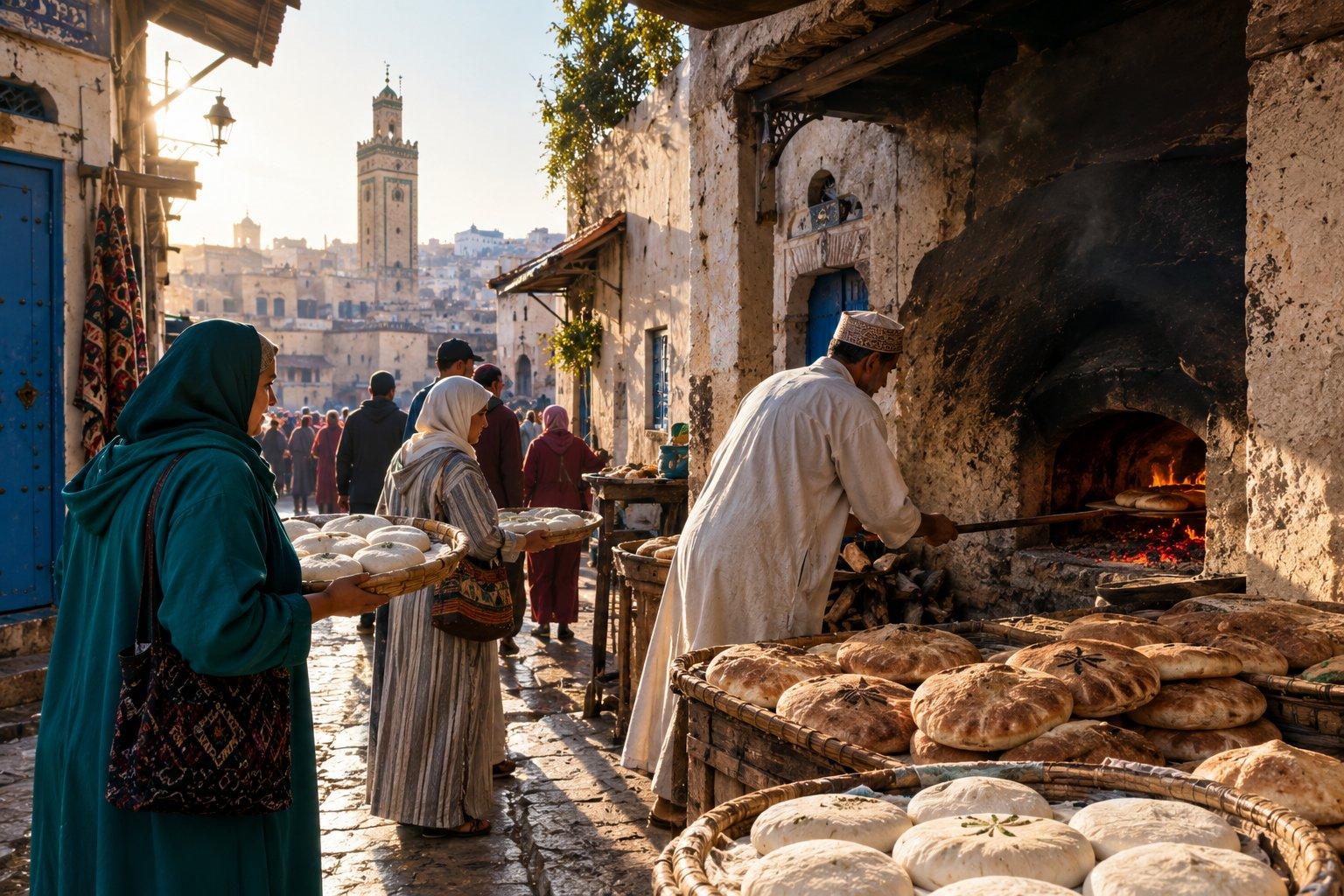 Photorealistic golden-morning scene in a Moroccan medina, showing a traditional communal wood-fired bakery with a baker tending the oven while women carry trays of dough, surrounded by freshly baked bread, old buildings, blue doors and a historic minaret.
