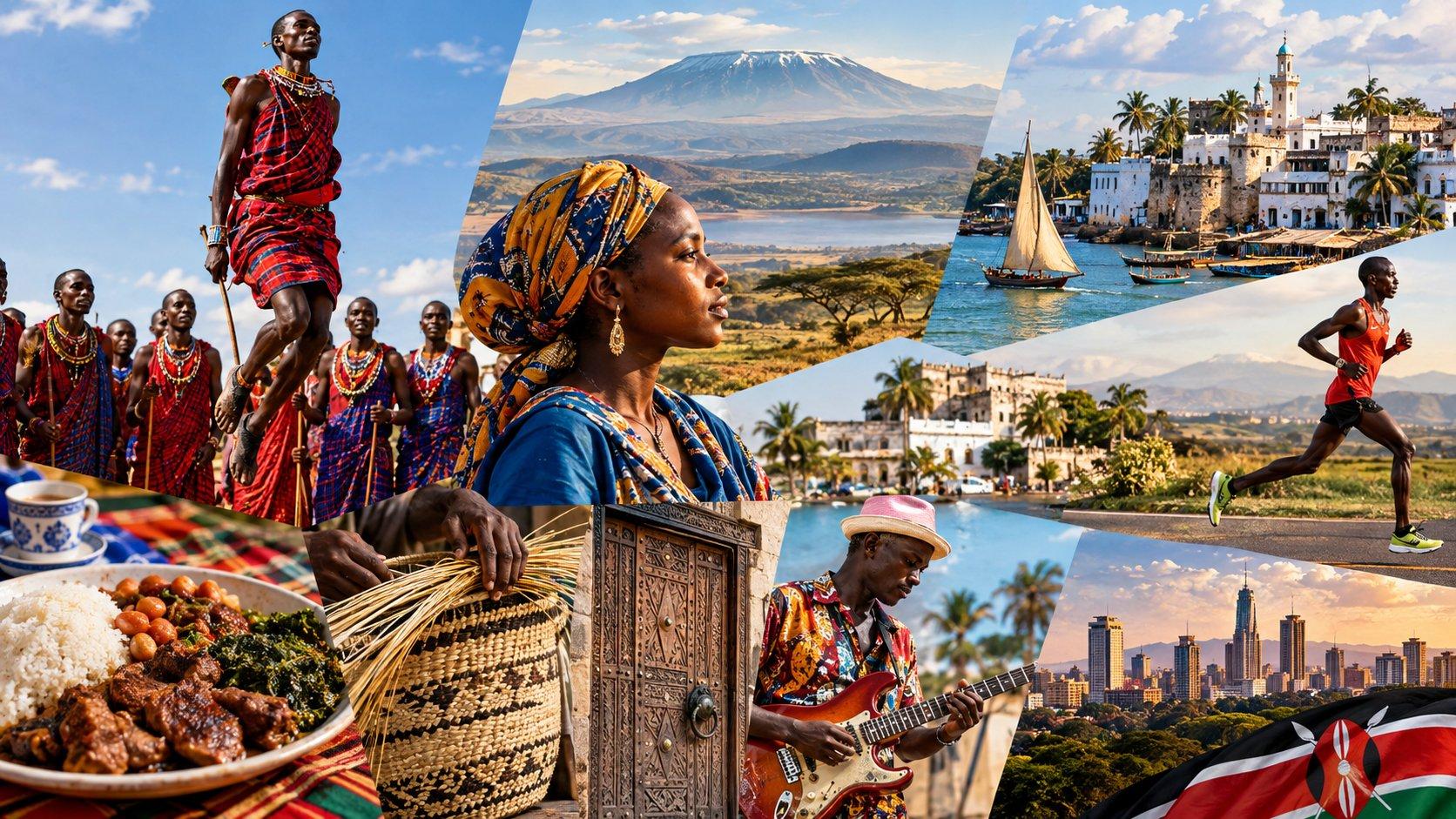Vibrant collage representing Kenya’s diverse culture, featuring Maasai warriors, Kenyan landscapes, Swahili coastal architecture, traditional crafts, food, music, distance running, Nairobi’s skyline and the Kenyan flag.