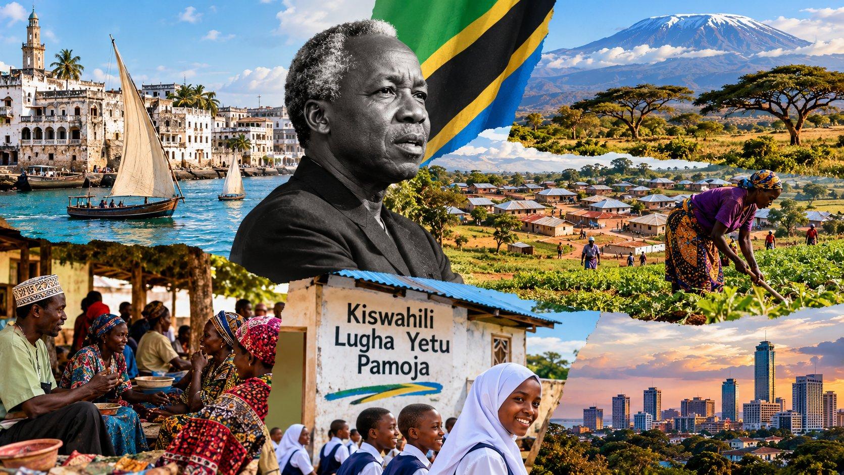 Cinematic collage representing Tanzania’s cultural and historical diversity, featuring Stone Town and traditional dhows, Mount Kilimanjaro, rural farming, Tanzanian communities, Julius Nyerere, Kiswahili, students and a modern city skyline.