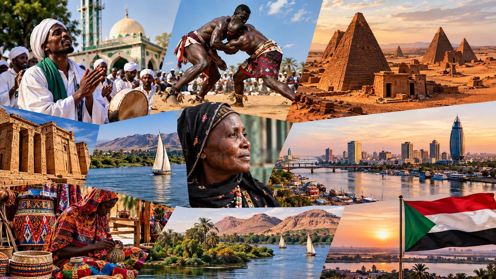 Cinematic collage representing Sudan’s cultural and historical diversity, featuring Nubian pyramids and ancient ruins, Sufi worship, Nuba wrestling, the Nile, traditional crafts, Sudanese communities, Khartoum’s skyline and the Sudanese flag.