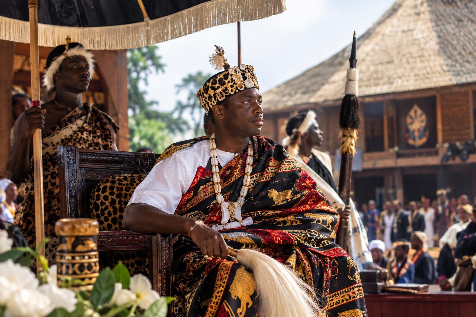 Photorealistic ceremonial scene in Uganda showing a traditional African king seated beneath a large ceremonial parasol, surrounded by attendants, royal regalia, traditional buildings and a gathered crowd.