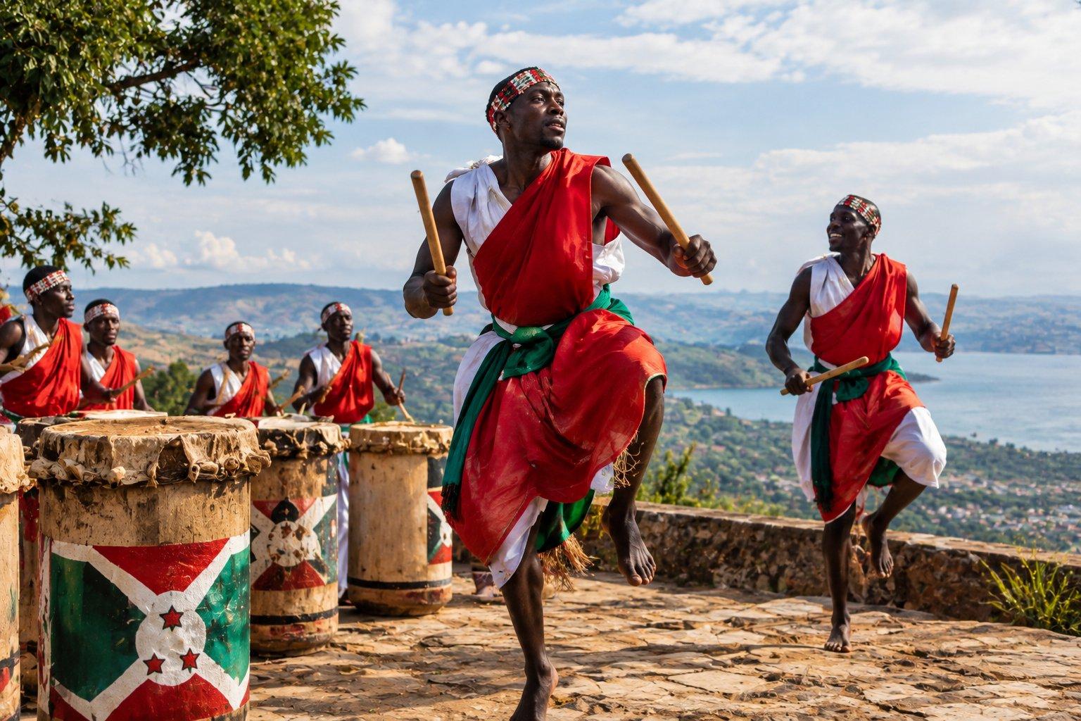 Photorealistic scene of Burundian royal drummers performing outdoors, with dancers moving around traditional drums against a hillside landscape and Lake Tanganyika in the distance.