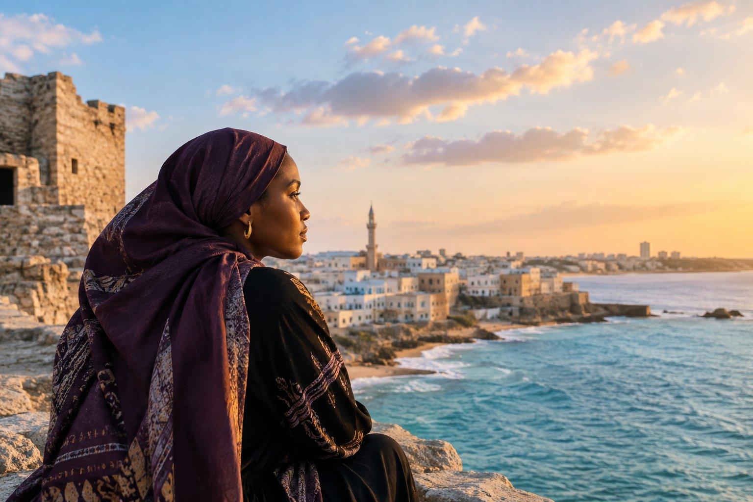 A Somali woman in a flowing purple headscarf sits on coastal ruins overlooking a historic seaside town and the turquoise waters of the Indian Ocean at sunset.