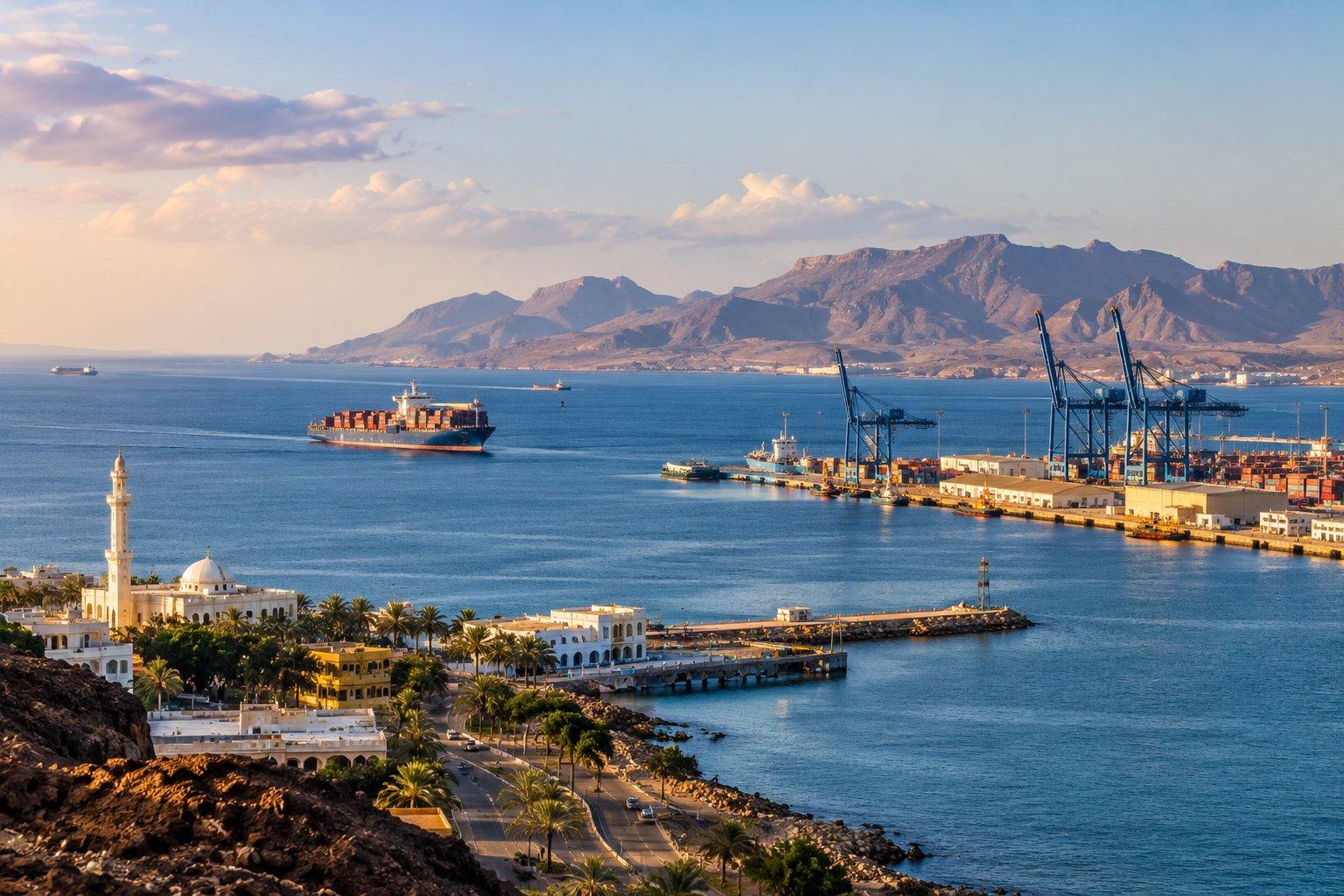 Panoramic view of Djibouti’s coastline with a mosque and palm-lined city in the foreground, cargo ships crossing the bay, a busy container port, and rugged mountains in the background.