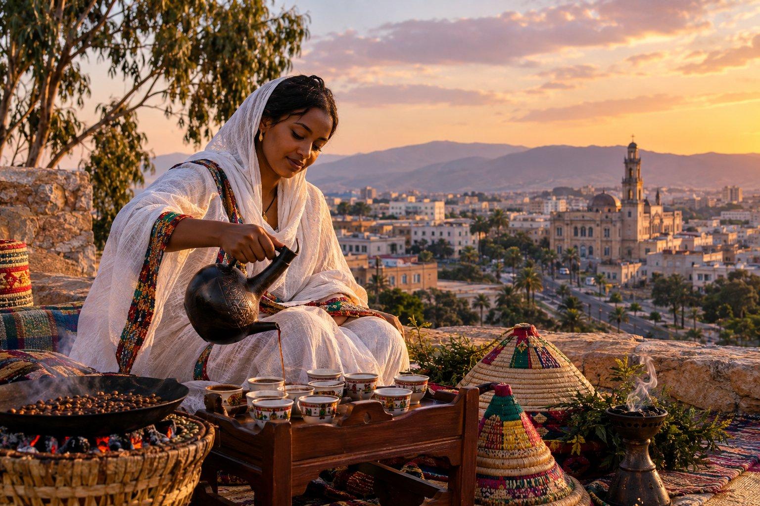 An Eritrean woman performs a traditional coffee ceremony at sunset, pouring coffee from a jebena into small cups, with roasted coffee beans, incense and woven baskets in the foreground and a city and mountains in the background.
