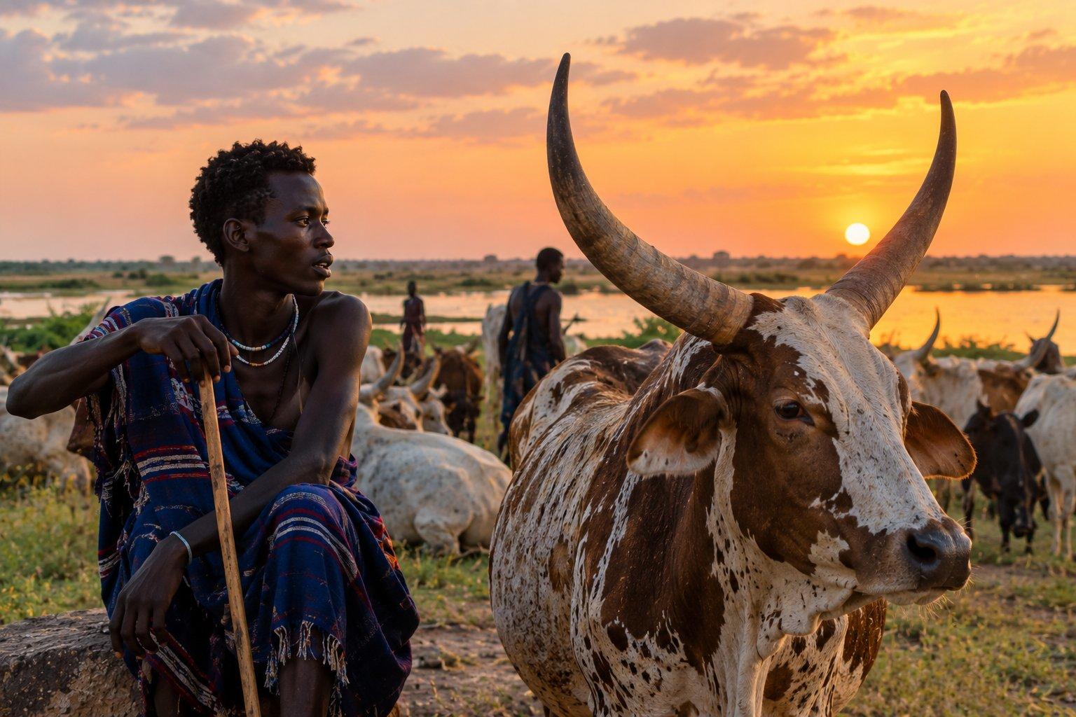 A young South Sudanese herder sits beside a large long-horned cattle bull at sunset, with a herd gathered around a seasonal floodplain in the background.