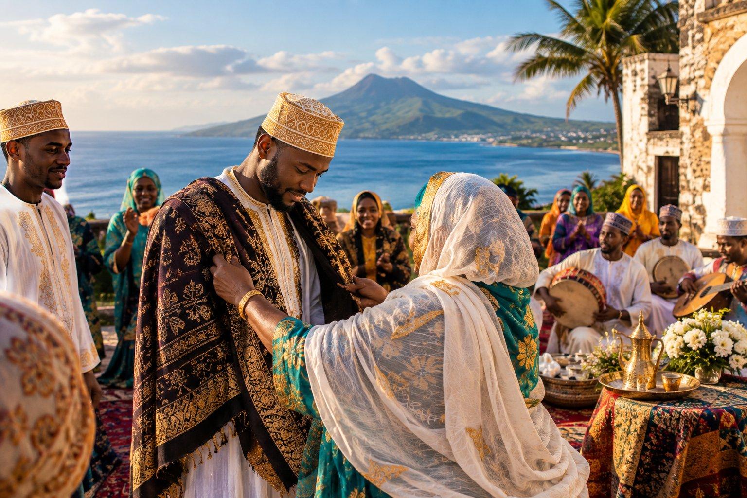 A Comorian Grand Marriage ceremony on Grande Comore, with a man in ornate traditional clothing being dressed by an elder, surrounded by guests, musicians and ceremonial decorations overlooking the Indian Ocean and volcanic mountains.