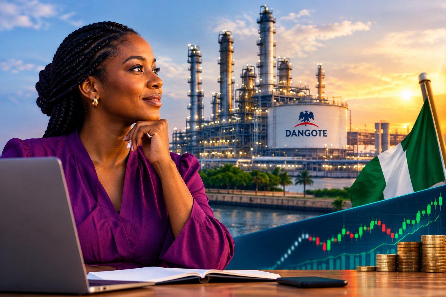 A Nigerian woman using a laptop sits in the foreground with the Dangote Refinery, Nigerian flag, stock market chart and investment imagery in the background.