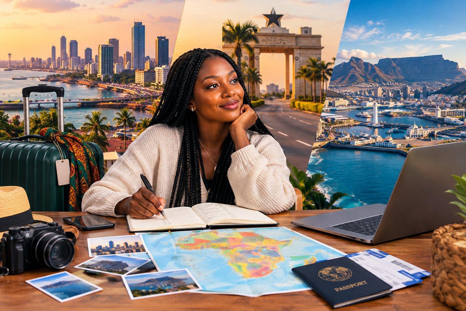 Traveler planning a December trip across Africa, with luggage, travel documents, and a cityscape suggesting popular destinations like Lagos, Accra, and Cape Town.