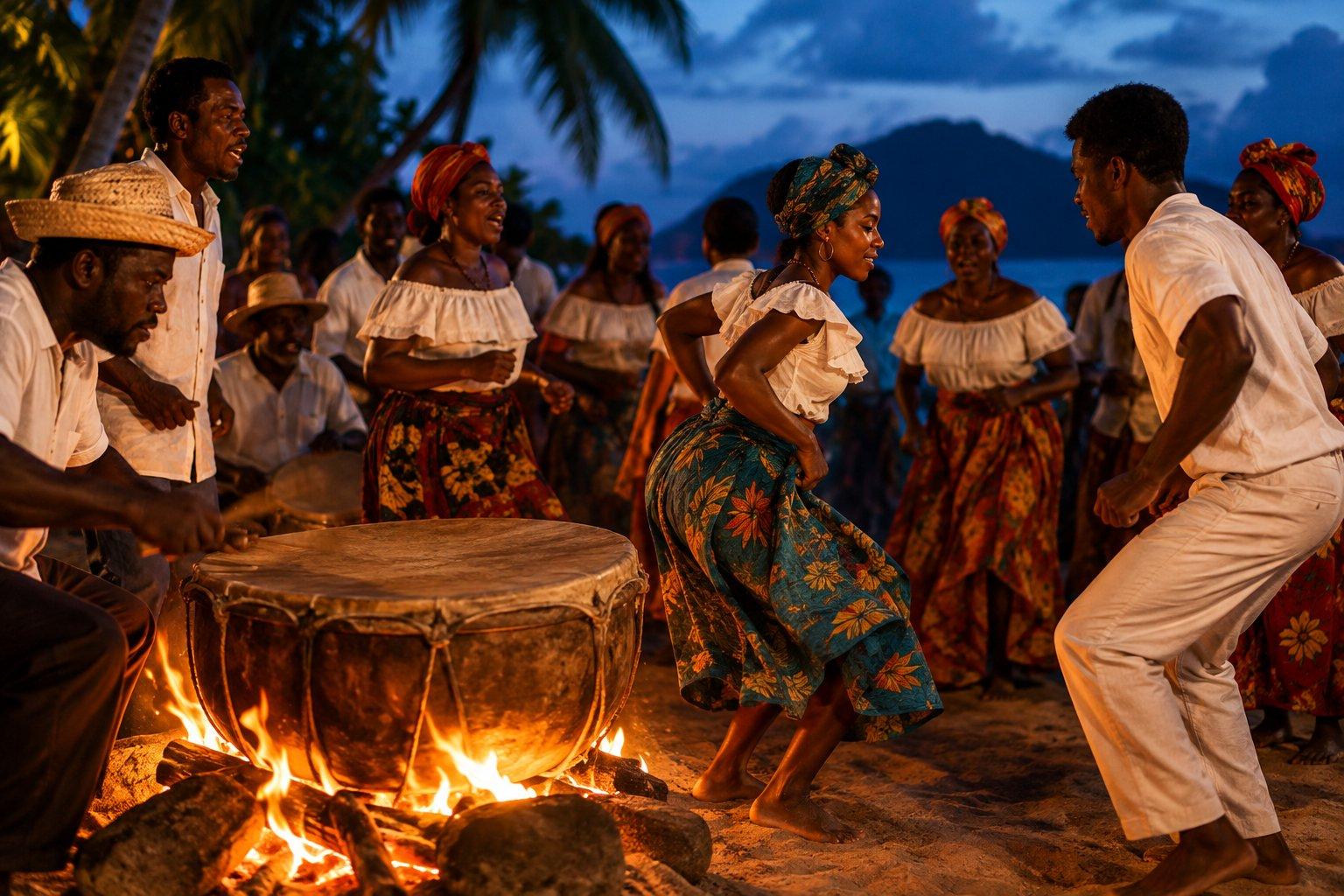 Seychellois dancers and drummers gather around a fire at dusk during a traditional moutya performance on a tropical beach, with a large drum being heated over the flames and palm trees and mountains in the background.