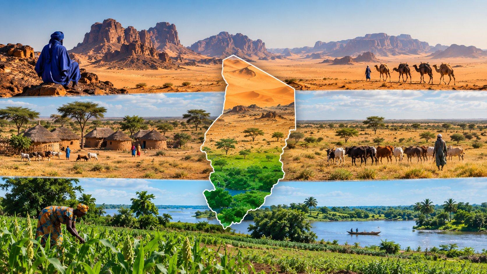 Chad's landscape transitioning from the dry Sahara and rocky mountains in the north through the Sahel to greener savanna and farmland in the south, illustrating the country's distinct ecological regions.