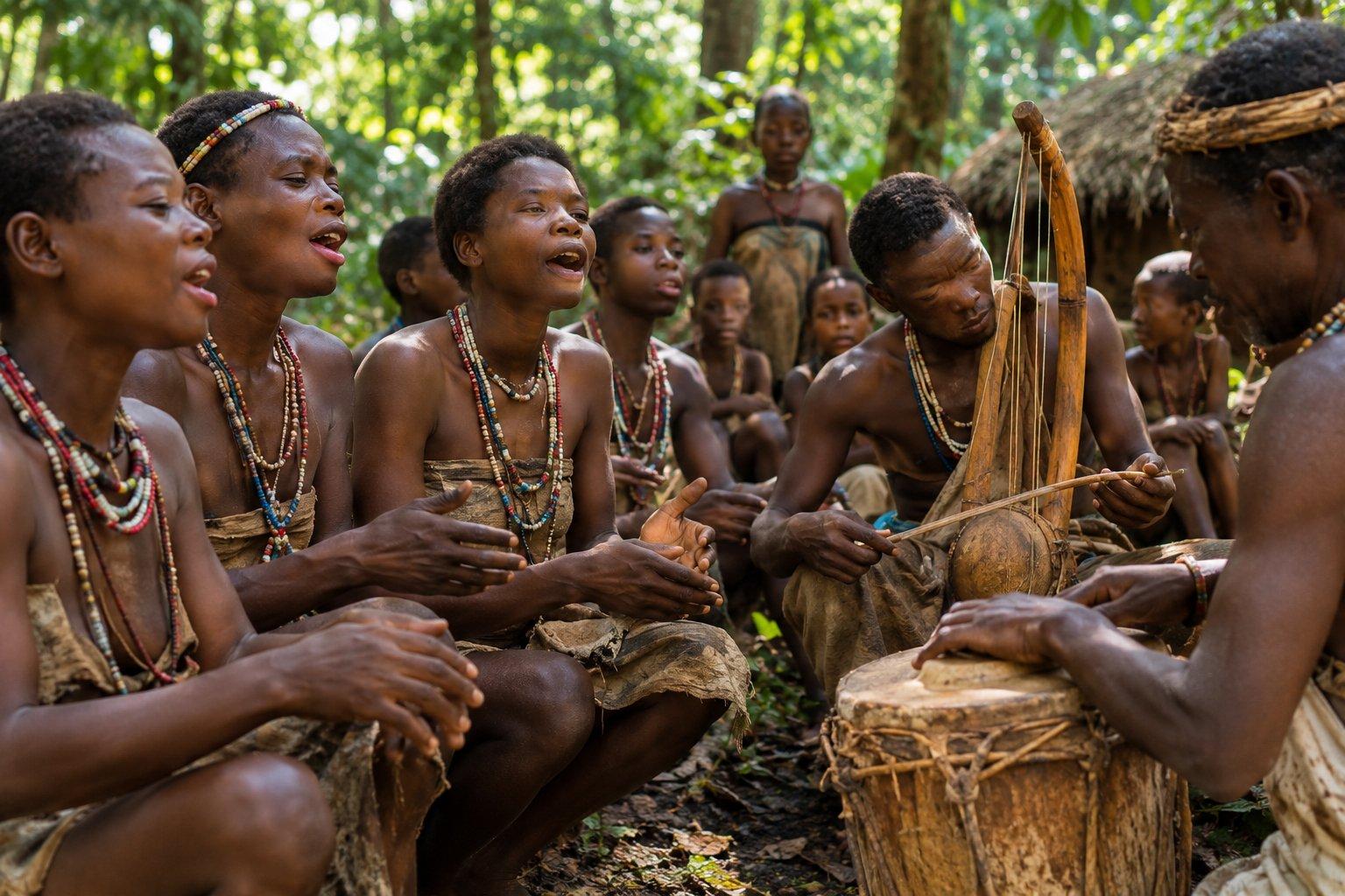 A group of Aka people gathered in a lush Central African rainforest, with several people singing and moving together in a traditional community performance surrounded by dense green vegetation.