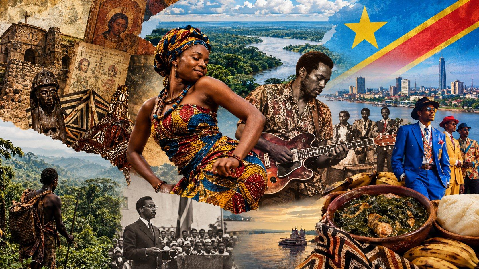 create a featured image for this blog post, the image should have with little to no text,here is the blog post;   # DR Congo: The Story of Rumba, Memory and a Country Shaped by Many Histories  If you have ever heard Congolese rumba, you may have noticed how difficult it is to separate the music from movement. Congolese rumba is a style of music and dance that developed in the two Congos, especially in the cities of Kinshasa and Brazzaville. It is usually built around singing, guitars, percussion and dance. The songs can be romantic, political, humorous or about everyday life, and some can run for quite a while. The guitar is particularly important. In many songs, the vocals eventually give way to a longer guitar section called the *sebene*, where several guitar parts can work together while people dance. But Congolese rumba did not start in a recording studio in Kinshasa. Its history goes much further back. UNESCO traces it to *nkumba*, an older Central African dance whose name means “waist” in Kikongo. The story then crosses the Atlantic through the history of forced migration, reaches Cuba, and eventually comes back into Central African cities through recorded music. Congolese musicians took what they heard and developed it into their own style. UNESCO traces Congolese rumba to an older Central African dance called **nkumba**, a Kikongo word meaning "waist." The dance involved the movement of the waist and hips, and it was part of the cultural traditions of the peoples of the former Kingdom of Kongo. Over time, the music and dance developed into the form now known as Congolese rumba. UNESCO added Congolese rumba to its Representative List of the Intangible Cultural Heritage of Humanity in 2021. But there is another part of the story. The Atlantic slave trade forcibly took millions of Central Africans to the Caribbean, including Cuba. They carried their music, dances, languages and religious traditions with them. In Cuba, these traditions developed alongside Spanish and other Caribbean influences, producing different musical forms, including son. By the 20th century, Cuban music was being recorded and those records began reaching Central Africa. Musicians in the Congo listened to the recordings and started experimenting with what they heard. They used the guitars and musical structures they liked, but they also brought in their own languages, instruments, rhythms and dance traditions. That is part of how the music that became Congolese rumba developed in the cities of the Congo. To understand why the music sounds the way it does, though, you have to look beyond the music itself, because the story takes you into the history of the people and places that shaped it.  ## A Huge Country With Many Histories  The Democratic Republic of Congo is enormous. At more than 2.3 million square kilometres, it is the second-largest country in Africa by land area, after Algeria. The equator crosses the country, the Congo River runs through its centre, and the landscape changes dramatically from one region to another. There are dense tropical forests, broad savannas, mountains, rivers and large lakes. More than 100 million people live across this territory, and more than 200 ethnic groups are represented in the country. So when someone says "Congolese culture," there is a lot packed into those two words. A person from Kinshasa does not necessarily have the same cultural background as someone from Goma, Kananga, Lubumbashi or Kisangani. Different communities have their own histories, languages, food, artistic traditions and social practices. The country also has hundreds of languages. French is the official language and is widely used in government, education and formal settings. Four languages have national-language status: **Lingala, Swahili, Tshiluba and Kikongo-Kituba**, also known as Kituba. Lingala is especially prominent in Kinshasa and has a strong connection with Congolese popular music. Swahili is widely spoken in eastern Congo. Tshiluba is particularly important in the Kasai region, while Kikongo and Kikongo-Kituba are important in western and southwestern parts of the country. Someone's language can tell you a lot about where they grew up and the communities around them. The country's size also meant that different societies developed their own political systems long before there was a country called the Democratic Republic of Congo.  ## Before Belgium  There was no single state covering the territory of today's DRC before European colonial rule. There were kingdoms, chiefdoms and other political communities, each with their own systems of authority. The **Kingdom of Kongo** was one of the most prominent. At its height, it covered parts of what are now Angola, the Republic of Congo, the DRC and Gabon. Portuguese sailors reached the Kongo kingdom at the end of the 15th century, beginning a relationship that lasted for centuries. The Portuguese brought Christianity and developed diplomatic and commercial relationships with Kongo rulers. Some members of the Kongo royal family converted to Christianity, and Christianity became part of the kingdom's political and religious life. King Afonso I, who ruled in the early 16th century, was a Christian and corresponded with the Portuguese king. Trade was another major part of the relationship. At first, Kongo and Portugal had diplomatic and commercial interests that could benefit both sides. Over time, however, the Atlantic slave trade became increasingly important. People were captured and sold, political relationships became more unequal, and Portuguese influence in the region grew. So Christianity was already present in parts of Central Africa centuries before Belgium established colonial rule over the Congo. The Kingdom of Kongo was not the only major political society in the region. The **Luba** developed powerful states in central Congo, while the **Kuba** built a highly organised kingdom further west. Both left behind artistic traditions that are still studied today.  ## When History Is Kept in Objects  The Luba have a particularly interesting way of preserving historical knowledge. It involves a small carved wooden object called a **lukasa**. At first glance, a lukasa can look like a decorated board covered with beads and markings. It is much more than that. The markings can represent places, people, political relationships and events. Members of the Mbudye association were trained to interpret the boards and use them when recounting Luba history and political knowledge. The Metropolitan Museum of Art describes the lukasa as a kind of conceptual map of Luba political organisation, historical chronicles and territory. The Kuba developed a different artistic tradition using raffia. Kuba textiles are made from raffia palm fibre and can involve weaving, embroidery and appliqué. Some are relatively simple. Others have elaborate geometric patterns and designs. The cloth has been used for clothing, ceremonial purposes, prestige objects, marriage-related exchanges and funerary practices. Textile production could also be collaborative, with men weaving the basic cloth and women adding decorative elements. These objects give us another way to understand societies whose histories were not recorded mainly through European-style written documents. A piece of cloth could show a person’s status or mark an important occasion. A memory board could help preserve knowledge about political history. People also passed knowledge down by telling stories, teaching younger people about their families, important events, customs, and the history of their communities. Songs could carry those stories too, allowing people to remember and pass them on from one generation to the next.  ## Christianity Was Already Here  Christianity has a long history in the Congo that goes back centuries before Belgian colonial rule. In the Kingdom of Kongo, Christianity was adopted by the royal court in the late 15th century, during the reign of King Nzinga a Nkuwu, who was baptized in 1491. Christian communities and institutions developed in the kingdom over the following centuries. Christianity later spread in different forms across Central Africa. European missionaries established churches and schools, while African Christians shaped the religion within their own communities and created their own movements. One of the best-known examples in the Congo was Simon Kimbangu. In 1921, he began preaching in the Lower Congo and attracted a growing number of followers. He became known for preaching and for healing people through prayer. Belgian colonial authorities viewed the movement as a threat and arrested him. He was sentenced to life imprisonment and spent the rest of his life in prison, where he died in 1951. His followers continued the movement after his arrest and death. It eventually became the Kimbanguist Church, one of the major African-initiated Christian churches in the Democratic Republic of the Congo. Christianity is now a major part of religious life across the country. The Catholic Church has a large presence, alongside Protestant, Anglican, Pentecostal and other independent African churches. There are also older religious traditions with their own histories. Among Kongo peoples, for example, **minkisi** are objects that are understood to contain or channel spiritual power. They have been used in different contexts, including healing, protection and oath-taking, with their meaning depending on the particular object and tradition. Religious life in the Congo has therefore developed through many centuries of change. Christian churches, African-initiated movements and older religious traditions have all formed part of that history, with different communities practising and understanding them in different ways.      ## Leopold II's Congo  European control of the Congo took a harsher form in the late 19th century, when King Leopold II of Belgium established the **Congo Free State** in the 1880s as his personal possession. It was not initially a Belgian colony, even though Leopold was the king of Belgium. Leopold's administration focused heavily on extracting the territory's resources, particularly ivory and rubber. As international demand for rubber grew, Congolese communities were subjected to increasing pressure to collect it. Forced labour became part of the system, and people who failed to meet production demands could face punishment, including violence. Missionaries, travellers and other observers began reporting the abuses taking place in the territory. Their accounts, along with photographs and other evidence, contributed to growing international criticism of Leopold's administration. The Congo eventually became the subject of a major international campaign calling attention to the treatment of its population. In 1908, after years of criticism and growing international pressure, Belgium took control of the territory from Leopold and established the **Belgian Congo**. The U.S. Department of State records that the annexation followed widespread reports of mistreatment and international outrage. Millions of people died during the Congo Free State period, although historians cannot establish one precise death toll. There was no reliable population census before the period of mass exploitation, and deaths resulted from several causes, including violence, forced labour, disease, hunger and the disruption of communities. The transfer from the Congo Free State to the Belgian Congo ended Leopold's personal rule, but it did not give Congolese people political control over their own country. Belgium continued to govern the territory as a colony until the Congo became independent in 1960.  ## Life Under Belgian Rule  Belgian colonial rule lasted until 1960. During that period, the administration built roads and other infrastructure and established schools, hospitals and other institutions, but these developments took place within a colonial system in which Europeans held most of the political and administrative power. Education was also tightly controlled, especially at higher levels. By the time the Congo became independent, very few Congolese people had received university education or had been given the opportunity to prepare for senior positions in government. At the same time, Congolese cities were growing and changing. Léopoldville, which later became Kinshasa, developed into a major urban centre where workers, traders, religious groups, political organisers and musicians came into contact with one another and built new social networks. Music became part of everyday city life. Records from abroad circulated through Léopoldville, local musicians formed bands, and dance halls became places where people gathered to listen to music, dance and socialise. It was in this growing urban environment that modern Congolese rumba began to take shape.  ## From Central Africa to Cuba and Back  The history of Congolese rumba reaches back to Central African musical traditions and to the movement of people and music across the Atlantic. During the Atlantic slave trade, millions of Central Africans were forcibly taken to the Americas, including Cuba. They carried their languages, religious practices, music and dance traditions with them. In Cuba, these African traditions developed alongside Spanish and other Caribbean influences. Several musical forms emerged from this environment, including **son**, which later became widely influential in Cuba and beyond. By the 20th century, recordings of Cuban music were reaching Central Africa. Musicians in the Congo listened to these records and began working with some of the sounds and musical structures they heard. They played them with their own instruments, sang in Lingala and other local languages, and connected them with Central African rhythms and dance traditions. As musicians experimented with these different influences, the music developed into a style that suited the growing urban audiences of Kinshasa and Brazzaville. There was also an older Central African tradition behind this history. UNESCO traces Congolese rumba to **nkumba**, an older dance tradition whose name means “waist” in Kikongo. Over time, the music developed into the form now known as Congolese rumba, a genre and dance tradition shared by the Democratic Republic of the Congo and the Republic of the Congo. By the middle of the 20th century, Congolese musicians had developed a sound of their own. Some songs were slow and romantic, while others were built for dancing. The guitar became especially important, with songs often moving from sung sections into longer instrumental passages in which the musicians could build the rhythm and give dancers more room to move. The growing cities of Kinshasa and Brazzaville gave this music a large audience and a place to develop.  ## The Sound of a New Congo  One of the most important bands of the independence era was **African Jazz**, led by Joseph Kabasele. Kabasele recorded **"Indépendance Cha Cha"** in 1960, around the time the Congo became independent from Belgium. The song became associated with the independence period and circulated widely across Africa. It was not the only important band. **OK Jazz**, led by Franco Luambo, became another major force in Congolese music. Franco's career stretched across several decades, and his band helped establish guitar-driven Congolese music as a major sound across Africa. Another feature of Congolese music became known as **sebene**. This is the part of a song where the guitars become more prominent and the instrumental playing gives dancers more room. Several guitarists can interlock their parts, creating the long, repeating patterns that became a familiar feature of Congolese popular music. Congolese bands became influential outside the country too. Musicians travelled. Records circulated. Other African musicians listened and borrowed from Congolese guitar styles. The music spread across the continent. In 2021, UNESCO formally recognised Congolese rumba as part of the world's intangible cultural heritage. The organisation describes it as music used for celebrations, mourning and other social occasions, and notes that it is passed from one generation to another through families, neighbourhoods, clubs, training schools and community organisations.  ## Independence and Lumumba  The Congo became independent on **30 June 1960**, but independence came with serious political and institutional problems. The Belgian colonial government had left very few Congolese people with experience in senior administrative or military positions, and the army mutinied shortly after independence. Katanga then declared its independence, while political tensions spread across the country. **Patrice Lumumba**, the Congo's first prime minister, became one of the central figures in the crisis. His government was removed from power, and Lumumba was eventually captured and transferred to Katanga. He was killed there on **17 January 1961**, along with two of his associates, Maurice Mpolo and Joseph Okito. A United Nations investigation later concluded that the three men had been killed shortly after arriving in Elisabethville, in the presence or probable presence of senior Katangan officials. The circumstances surrounding Lumumba's removal and death also involved foreign actors. Belgian government authorities and Belgian advisers in Léopoldville supported the transfer of Lumumba to Katanga. A Belgian parliamentary inquiry published in 2001 concluded that certain Belgian officials and other Belgian participants were morally responsible for the circumstances that led to his death, while also finding no evidence that the Belgian government had directly ordered his physical elimination. The United States was also involved in efforts to remove Lumumba from power. CIA officials developed an assassination plan in 1960, but the historical record does not establish that the CIA carried out or directly participated in his killing. A U.S. Senate investigation and later reviews by the Office of the Historian concluded that CIA representatives in the Congo were not involved in Lumumba's death. Lumumba's death became one of the defining events of the Congo's early independence period. It took place during a wider crisis involving Congolese political divisions, the breakaway of Katanga, foreign intervention and the struggle over who would control the new country.  ## Mobutu's Zaire  In 1965, **Mobutu Sese Seko** took power and went on to rule the country for more than three decades. In 1971, he changed the country's name to **Zaire** and introduced a political and cultural programme known as *authenticité*. The programme encouraged people to embrace African names, clothing and cultural practices and to move away from some symbols associated with European colonial rule. At the same time, Mobutu built a highly centralised political system in which opposition was restricted and political loyalty played an important role in access to government positions and state resources. Corruption became deeply established within the state, while much of the country's political and economic power remained concentrated around Mobutu and those close to him. Mobutu's government also became an important Cold War ally of the United States and other Western countries because of its opposition to communist movements in Central Africa. That support continued for much of the Cold War, even as Mobutu's domestic rule became increasingly authoritarian. The situation began to change in the early 1990s. The Cold War was ending, which reduced the strategic importance that Zaire had held for its Western allies, while the country's economic problems and domestic political opposition were growing. Mobutu faced increasing pressure to introduce political reforms, and his government became less able to maintain the system that had kept him in power for so long. Then, in 1994, the genocide against the Tutsi in neighbouring Rwanda changed the regional situation. The aftermath of the genocide brought large numbers of refugees and armed groups into eastern Zaire, creating new security and political tensions along the country's border with Rwanda. Those tensions would soon become part of a much larger conflict.        ## The Wars in Congo  In 1994, the genocide against the Tutsi in Rwanda killed more than 800,000 people, most of them Tutsi and moderate Hutu, according to the United Nations. After the genocide, large numbers of people fled into what was then Zaire. Among them were members of the former Rwandan government and armed forces, as well as people who had participated in the genocide. Some of the former Rwandan soldiers and armed groups regrouped in eastern Zaire and launched attacks against the new Rwandan government from across the border. Rwanda became increasingly concerned about the armed groups operating so close to its territory, while the presence of refugees and armed forces in eastern Zaire added to tensions that had already existed in the region. In 1996, Rwanda and Uganda supported a coalition of Congolese rebels led by **Laurent-Désiré Kabila**. The coalition launched an offensive against Mobutu's government, and the First Congo War ended in 1997 when Mobutu was forced from power. Kabila became president and restored the country's name from Zaire to the **Democratic Republic of the Congo**. The change of government did not bring an end to the fighting. In 1998, Kabila fell out with Rwanda and Uganda, and another rebellion began in the east. This time, the conflict drew in several countries. Angola, Zimbabwe and Namibia supported Kabila's government, while Rwanda and Uganda supported rebel groups operating against it. The fighting spread across large parts of the country and became known as the **Second Congo War**. A formal peace agreement brought the Second Congo War to an end in 2003, although armed conflict continued in parts of eastern Congo. The human cost was enormous. A major International Rescue Committee study estimated that about **5.4 million excess deaths occurred between August 1998 and April 2007**. Most of these deaths were not caused by people being killed directly in combat. Disease, hunger, displacement and the collapse of basic healthcare accounted for much of the additional mortality. The wars also left behind armed groups, displaced communities and unresolved political and territorial disputes, particularly in eastern Congo. Those problems would continue to shape the country's history long after the formal end of the Second Congo War.  ## Why Fighting Has Continued in the East  Eastern Congo has remained unstable because several conflicts and interests overlap there. Communities have disputes over land and political authority, while armed groups have different aims and sources of support. Some conflicts begin locally but become connected to national politics or to the interests of neighbouring countries. Rwanda, Uganda and other countries in the region have also been involved in Congo's conflicts at different points. Natural resources are another part of the picture. Eastern Congo has deposits of gold, tin, tantalum and other valuable minerals, and armed groups have made money from mining, taxation and trafficking. Mineral trading has provided income that has helped some armed groups maintain their operations. The causes of the conflict, however, extend beyond the mineral trade. Questions about who can own or use land, who has political authority, who is recognised as a citizen, and how communities protect themselves have all contributed to tensions in the region. These issues have also been shaped by decades of war, displacement and cross-border conflict.  ## M23  One of the armed groups that has received significant international attention in recent years is **M23**, short for the March 23 Movement. The group first became prominent in 2012, when it captured territory in eastern Congo before being defeated by Congolese and United Nations forces later that year. M23 re-emerged in 2021 and has since captured territory in North Kivu, fighting the Congolese army and other armed groups. Rwanda's involvement has become one of the central international issues surrounding the conflict. The United Nations has documented military support from Rwanda for M23, and in February 2025 the UN Security Council called on Rwanda to stop supporting the group and withdraw its forces from Congolese territory. Rwanda has disputed aspects of these accusations and has repeatedly pointed to the threat posed by the **FDLR**, an armed group operating in eastern Congo that includes members and descendants of forces associated with the 1994 genocide in Rwanda. The fighting has continued into 2026, alongside diplomatic efforts to reach agreements and improve humanitarian access. United Nations reporting has described continued confrontations between armed groups and Congolese forces, while negotiations have taken place alongside efforts to establish ceasefires and humanitarian arrangements. The **AFC**, a political-military alliance associated with M23, has also established parallel administrative structures in areas under its control. UN sanctions information describes the AFC as allied with M23 and providing political, logistical and operational support. The effects of the fighting are felt most directly by civilians. United Nations reporting recorded high levels of grave violations against children in 2025 and identified AFC/M23 forces and Rwandan forces among the actors contributing to those violations. Continued fighting and displacement have also disrupted access to homes, farms, schools, healthcare and other basic services across affected communities in eastern Congo.      ## The Forest Communities of Congo  The DRC is also home to several forest-dwelling communities that are often grouped under the name **Mbuti**. The term refers to several different communities rather than one single ethnic group, and their languages, histories and ways of life are not all the same. For many of these communities, the forests of the Congo Basin have long been an important source of food, knowledge and livelihoods. Hunting, fishing and gathering forest plants have been part of life for some communities, alongside farming and other activities. People have also developed detailed knowledge of the plants, animals and places around them and passed that knowledge down through generations. Life in the forest has become more difficult in some areas. Armed conflict has displaced communities from their homes and disrupted access to forest resources, while conservation projects have sometimes restricted where local people can live, hunt, gather or farm. The effects vary between communities and locations, but these changes have raised ongoing questions about how forest conservation can be carried out while also recognising the rights and livelihoods of people who have long depended on the forest. Those questions matter beyond the DRC because the country contains a large part of the **Congo Basin rainforest**, one of the world's major tropical forest regions. The forest supports millions of people across Central Africa and plays an important role in regional ecosystems and the global climate.  ## What People Eat  Food in the DRC varies across the country, but cassava is one of the most important staples. It can be prepared in several ways, including as **fufu**, a soft, dense food that is commonly eaten with soup or stew. Plantain, maize, rice and beans are also widely eaten, while fish is especially important in communities along the Congo River and around the country's lakes. Cassava leaves are used in another familiar dish, **pondu**, also known as saka-saka. The leaves are prepared and cooked into a thick stew, with recipes varying from one household and region to another. Palm oil, onions and spices are common additions, while fish, meat or other ingredients may also be included. Palm nuts are used in **moambe**, another well-known dish in the region. The nuts are processed into a rich sauce that is often cooked with chicken and served with rice, fufu or other staples. Groundnuts also appear in many Congolese dishes, adding another flavour and source of protein to meals. Because the DRC is so large, there is no single way of describing Congolese food. What people eat depends partly on what grows locally, what can be caught or farmed, and what is available in markets. A community near a river may have easier access to fish, while farming communities further inland may rely more heavily on crops such as cassava, maize and plantain. In Kinshasa, people from different parts of the country have brought their food traditions together, so the city's markets and restaurants reflect many of these regional influences.  ## Dressing Up in La Sape  Walk through parts of Kinshasa or Brazzaville and you may come across people dressed in suits that are impossible to miss. Bright colours. Carefully chosen shoes. Hats. Pocket squares. Sunglasses. Tailoring that is meant to be noticed. This is **La Sape**. The name comes from *Société des Ambianceurs et des Personnes Élégantes*, and people involved in the movement are known as **sapeurs**. La Sape developed in both Kinshasa and Brazzaville and later became closely connected with Congolese communities in France. For a sapeur, clothing is not just something to put on before leaving the house. The combination of colours, brands, tailoring and accessories is part of the performance. The movement has been associated with elegance, creativity, identity and social status. For some sapeurs, dressing well is also connected to dignity and the desire to present oneself differently from the circumstances around them. For some sapeurs, the clothing itself is the focus. Carefully chosen suits, shoes, hats and accessories are used to express personal taste, creativity and attention to appearance. For others, dressing well can also carry ideas about dignity, identity, status or how they want to be seen in society.  ## Why Congolese Music Travels So Far  Congolese musicians have influenced popular music across Africa for decades, and a lot of that influence came through the music industry that developed in Kinshasa and Brazzaville. By the middle of the 20th century, these cities had become important centres for recording, live performance and dance music. Musicians travelled to perform in other African countries, and their records circulated well beyond the two Congos. The sound itself also made Congolese music easy to recognise. Guitars became one of its defining features, with musicians using several guitars at the same time rather than relying on one guitar to do everything. The bass could keep the underlying rhythm while rhythm and lead guitars played different patterns over it. During the **sebene**, the instrumental section that often comes after the sung part of a rumba song, the guitars could become more prominent and give dancers a longer section to move to. Language helped the music travel as well. **Lingala** became one of the main languages of Congolese popular music, particularly in Kinshasa, and songs in Lingala reached listeners in other parts of Africa who did not necessarily speak French. The music could therefore cross linguistic and national borders through records, radio, concerts and later other forms of media. The sound also kept changing. Congolese musicians developed new styles from rumba, including **soukous**, and later generations brought in electric instruments, new recording techniques and influences from other parts of Africa, Europe, the Caribbean and the United States. Some musicians stayed close to older rumba traditions, while others pushed the music in new directions. That is why Congolese popular music cannot be tied to one particular period. The music that filled dance halls in the middle of the 20th century was already different from the music that came before it, and musicians continued changing the sound as new audiences, technologies and musical influences appeared.  ## A Country Whose History Is Still Being Made  It is easy to encounter the DRC through one part of its history at a time: the Congo Free State, Lumumba, Mobutu, the Congo wars, M23, its mineral resources or its forests. Those histories are part of the country, but they are not the whole of everyday life. Someone living in Kinshasa today might go to church on Sunday, speak Lingala with friends, eat pondu at home, listen to rumba, follow music from other parts of the world online, work in an office and have family connections to another part of the country. Someone living in eastern Congo may have a very different daily experience, shaped by the history and conflicts of the region. In Kasai, Tshiluba is widely spoken, while communities in the west have their own connections to Kongo history and traditions. Forest communities have developed their own relationships with the forests and the resources around them. These experiences sit alongside one another within the same country, and culture is one of the places where different parts of that history can be seen. Congolese rumba is a good example. Its history reaches back to Central African traditions associated with **nkumba**, a dance whose name means “waist” in Kikongo. Central Africans were then forcibly taken across the Atlantic during the slave trade, carrying their music and other cultural traditions with them. In Cuba, those traditions developed alongside European and Caribbean influences, contributing to musical forms such as son. Cuban recordings later reached Central African cities, where Congolese musicians adapted what they heard to their own languages, instruments, rhythms and audiences. The result was the music now known as Congolese rumba, which developed in the two Congos and became one of the most influential forms of popular music in Africa. It is still performed at weddings, parties, concerts and other gatherings, while new musicians continue to record and reinterpret it. UNESCO added Congolese rumba to its Representative List of the Intangible Cultural Heritage of Humanity in 2021. The same process can be seen in other parts of Congolese culture. Older languages are still spoken, religious traditions have continued to develop, food traditions have moved between regions, and artistic practices have been passed between generations. People have inherited these things, adapted them to their own lives and created new forms from them. That is what makes the history of the DRC so broad. The country carries the marks of many different periods, communities and places, and those histories continue to appear in the way people speak, eat, worship, dress, make music and live today.