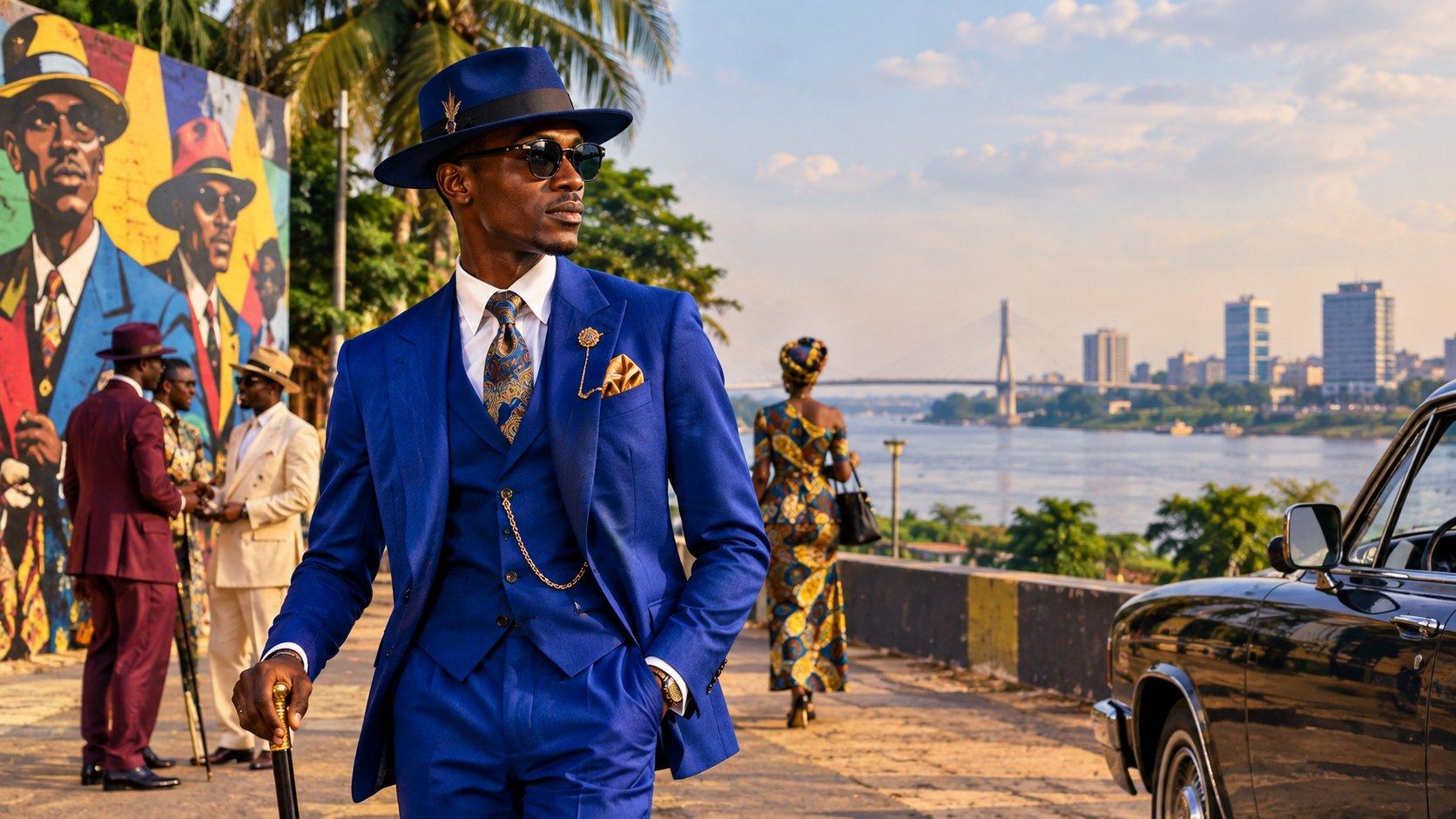 A stylish Congolese man in a vivid blue tailored suit, fedora and sunglasses stands on a Brazzaville riverside promenade, surrounded by elegantly dressed people, colorful street art, tropical greenery and the Congo River skyline, evoking the culture of La Sape.