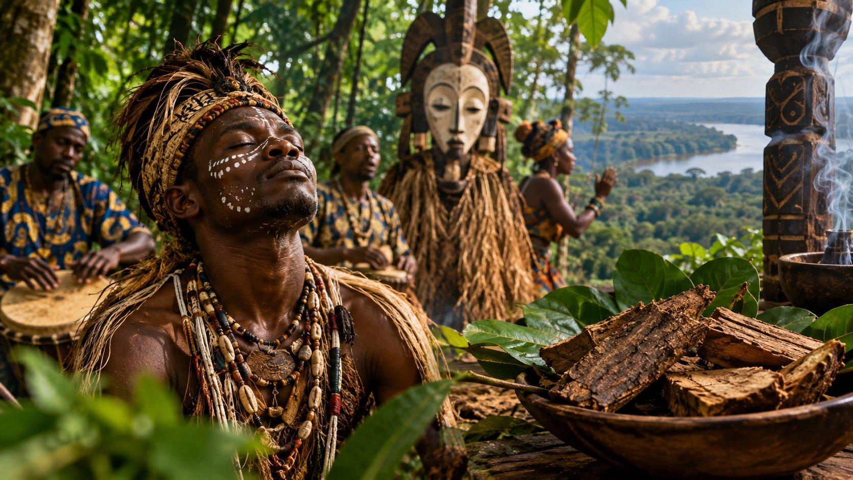 A Gabonese forest ceremony featuring a traditionally dressed initiate, musicians, a carved ceremonial figure, lush rainforest, and iboga root bark displayed in the foreground.