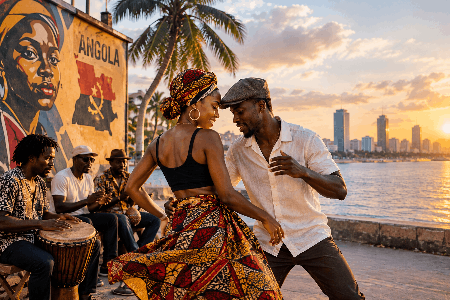 A couple dances semba on a Luanda waterfront at sunset while drummers play nearby, with palm trees, a colourful Angola mural and the city's skyline across the bay.