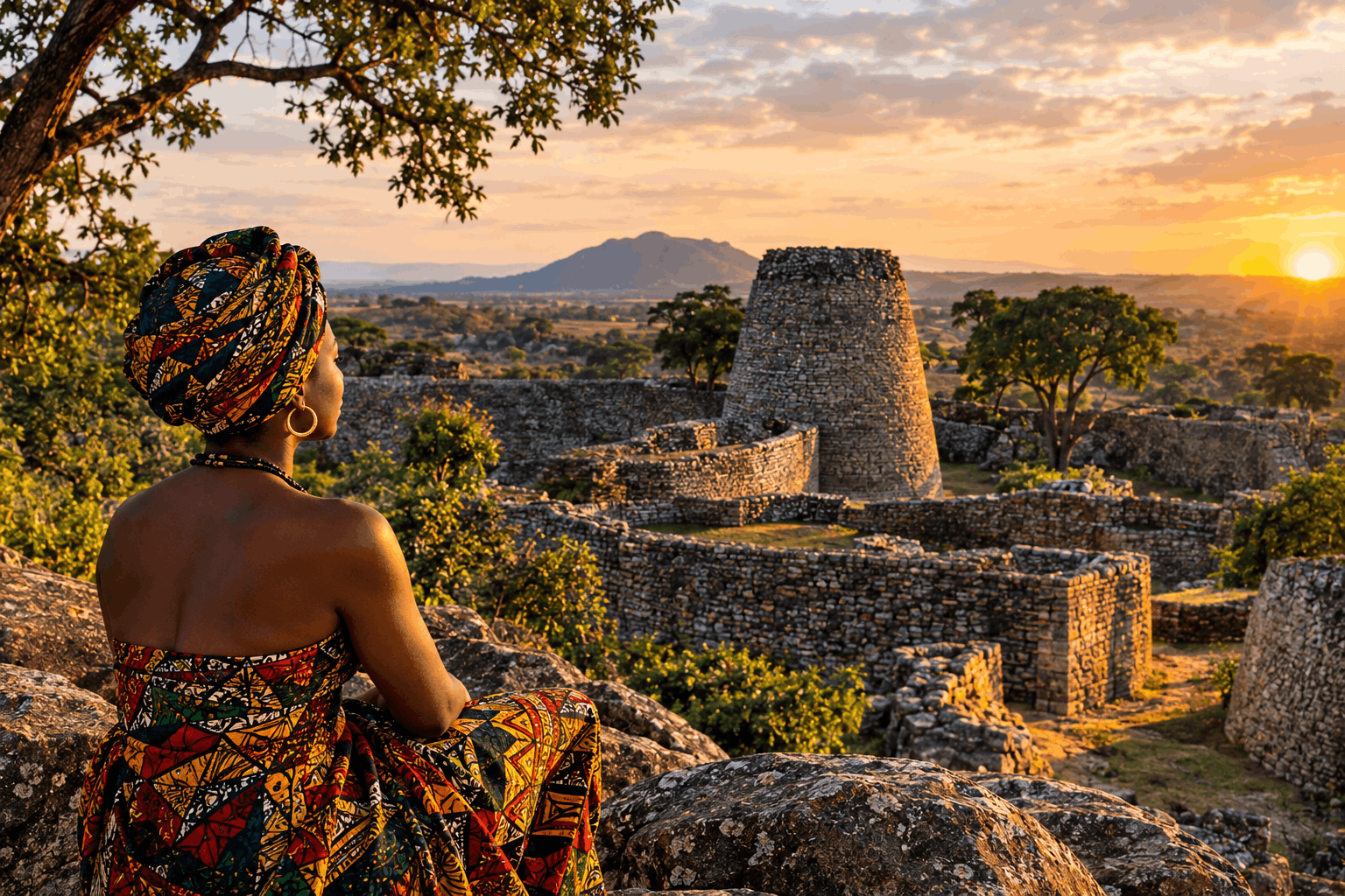 A woman in colourful African-print clothing sits on rocks overlooking the ancient stone walls of Great Zimbabwe at sunset, with a rounded stone tower, woodland, distant hills and a golden sky in the background.