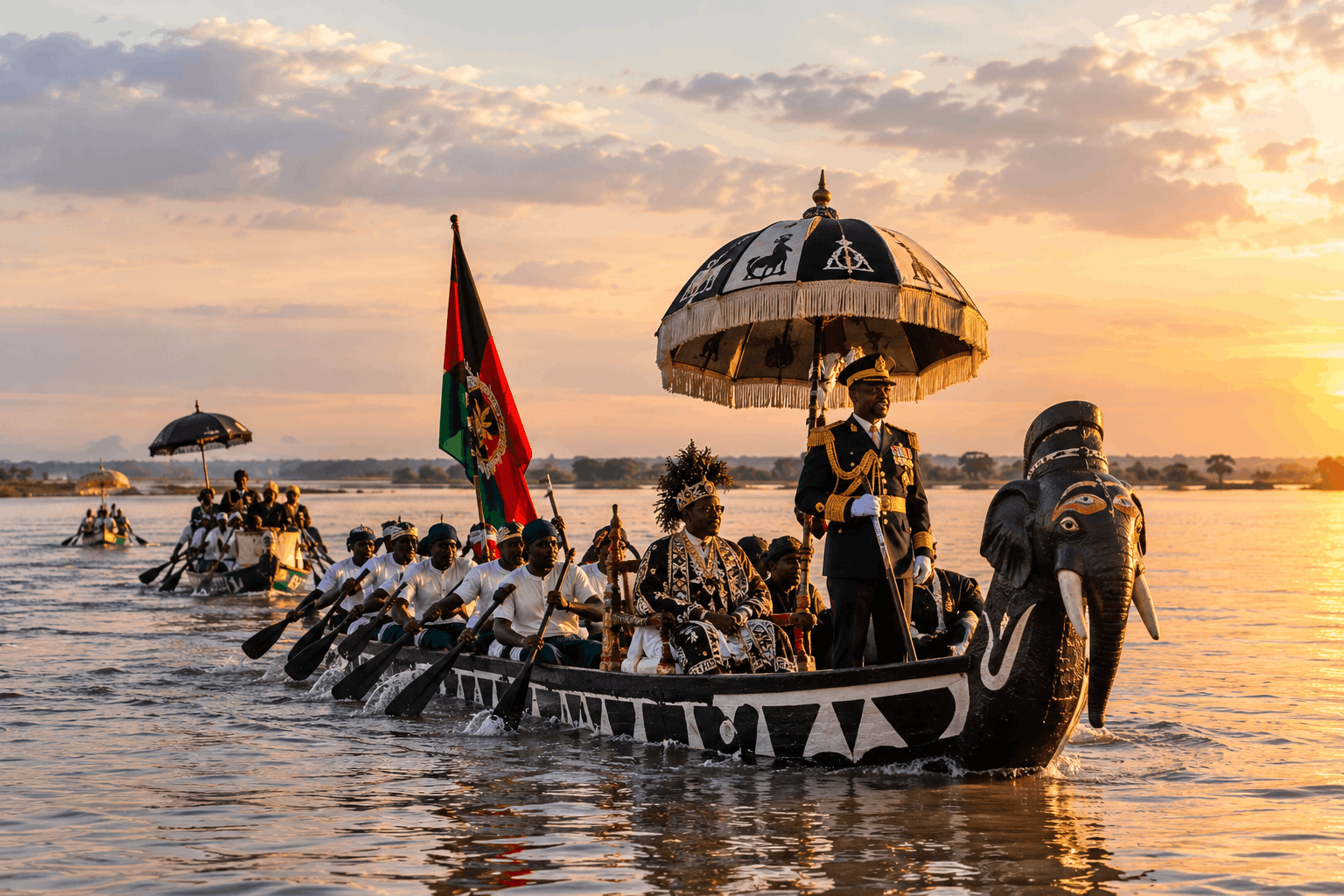 The Litunga travels across the Zambezi floodplain in the Nalikwanda royal barge during Zambia’s Kuomboka ceremony, accompanied by rows of paddlers, ceremonial boats and traditional regalia beneath a golden sunset.